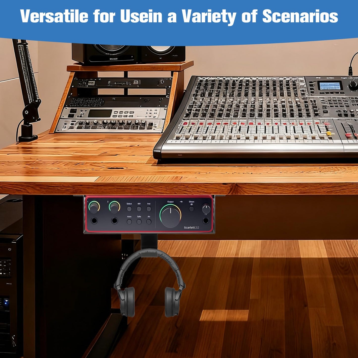 Metal Under Desk Mount for Focusrite Scarlett 2i2 4th Gen with Adjustable Headphone Hanger Stand, Metal Under Desk Mount for Audio Interfaces and Studio Gear (Only for Focusrite Scarlett 2i2 4th Gen)