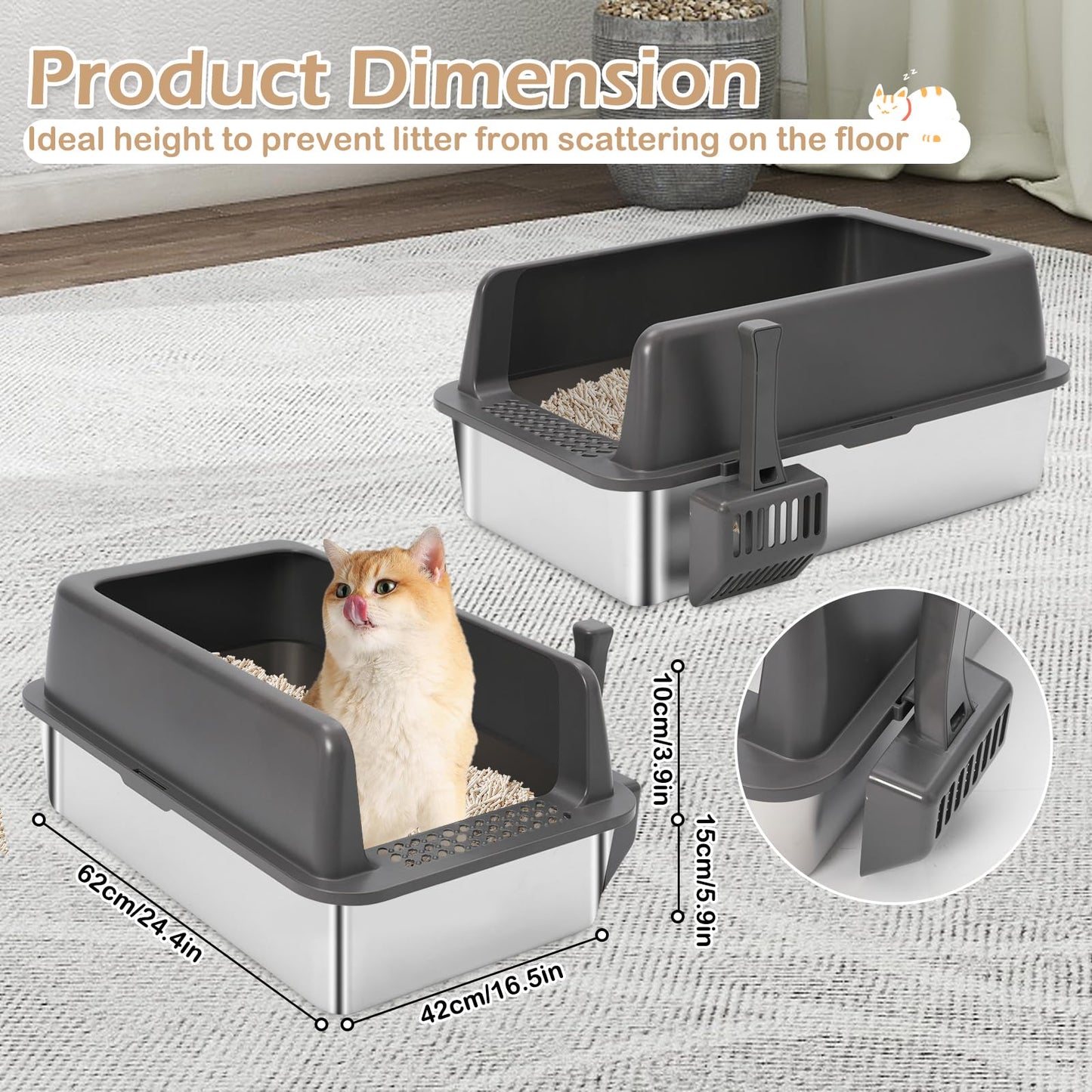 2 Pack Stainless Steel Open Cat Litter Box, Large Cat Litter Tray for Big Cats, 24" L x 16" W x 9.8" H, Metal Litter Box High Sided, Easy Cleaning, Include Scoop (Dark Gray)