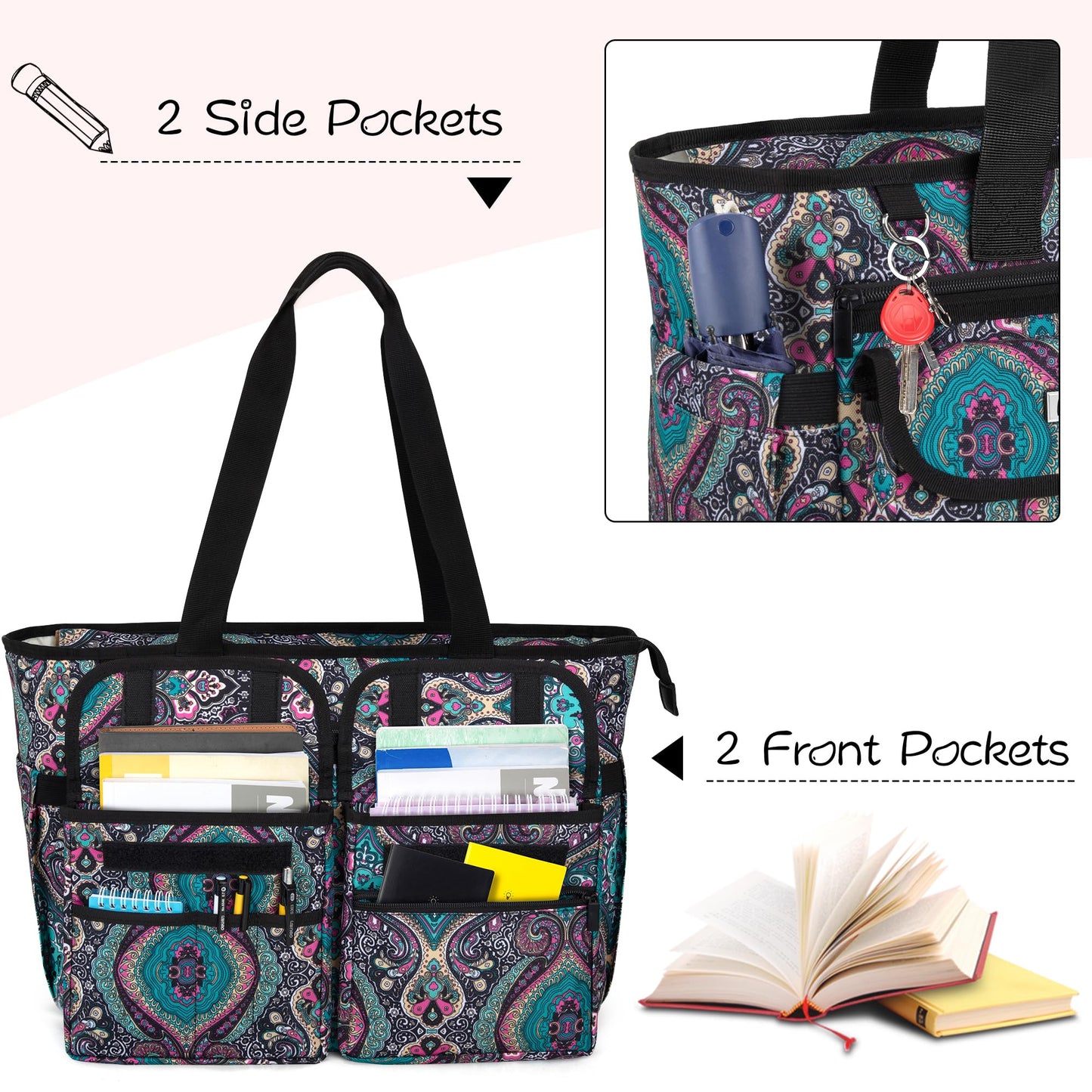 LoDrid Teacher Tote Bag with Bottom Pad, with Separated Storage Laptop Layer (up to 15.6 Inch), Teacher Bags and Totes for Women, Teacher Utility Bag with Large Compartment, Totem(Patented Design)