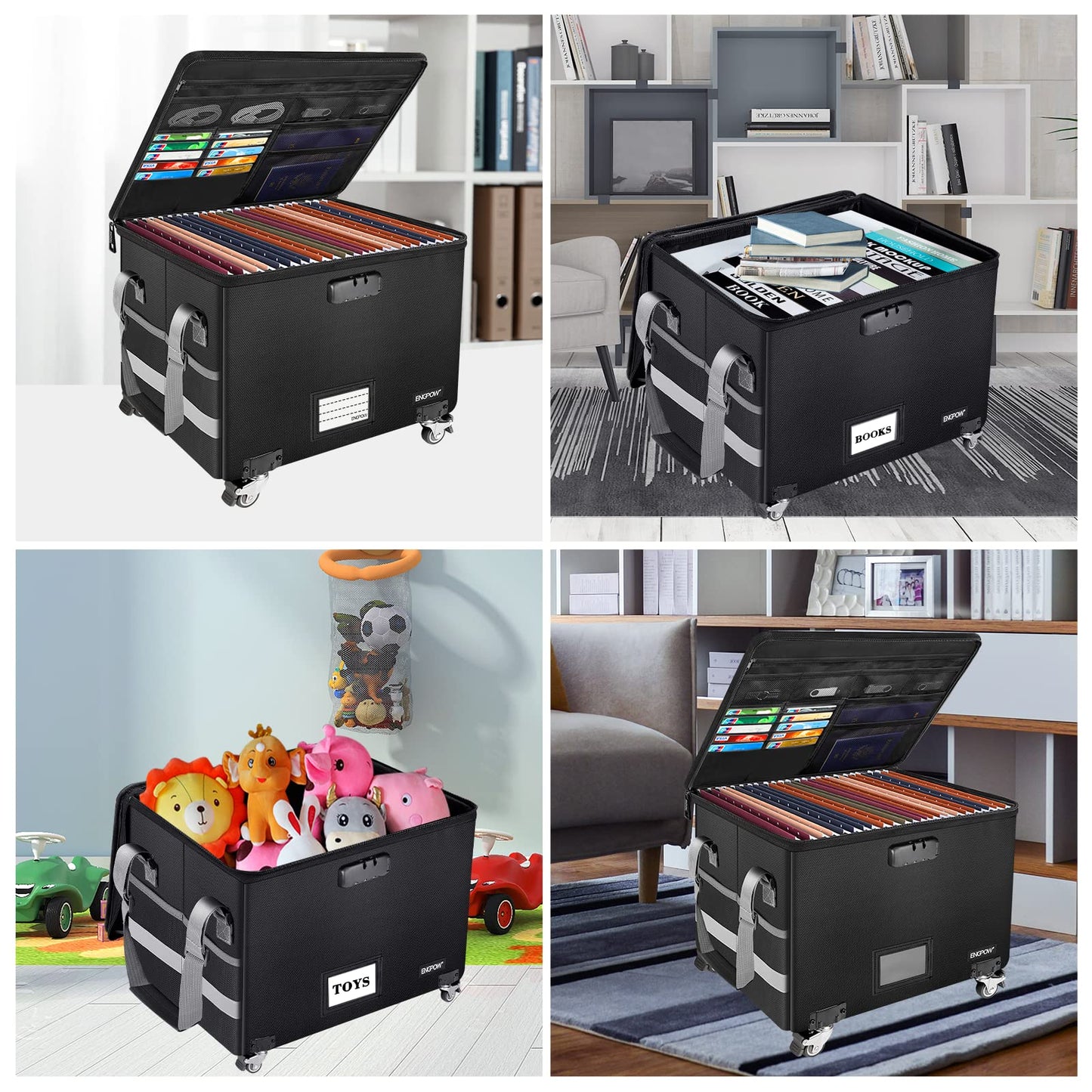 File Box with Wheels,ENGPOW Fireproof Document Box with Lock,Collapsible Rolling File Storage Organizer Box Filing Cabinet with Zipper Lid,Portable Home Office Safe for Hanging Letter/Legal Folder