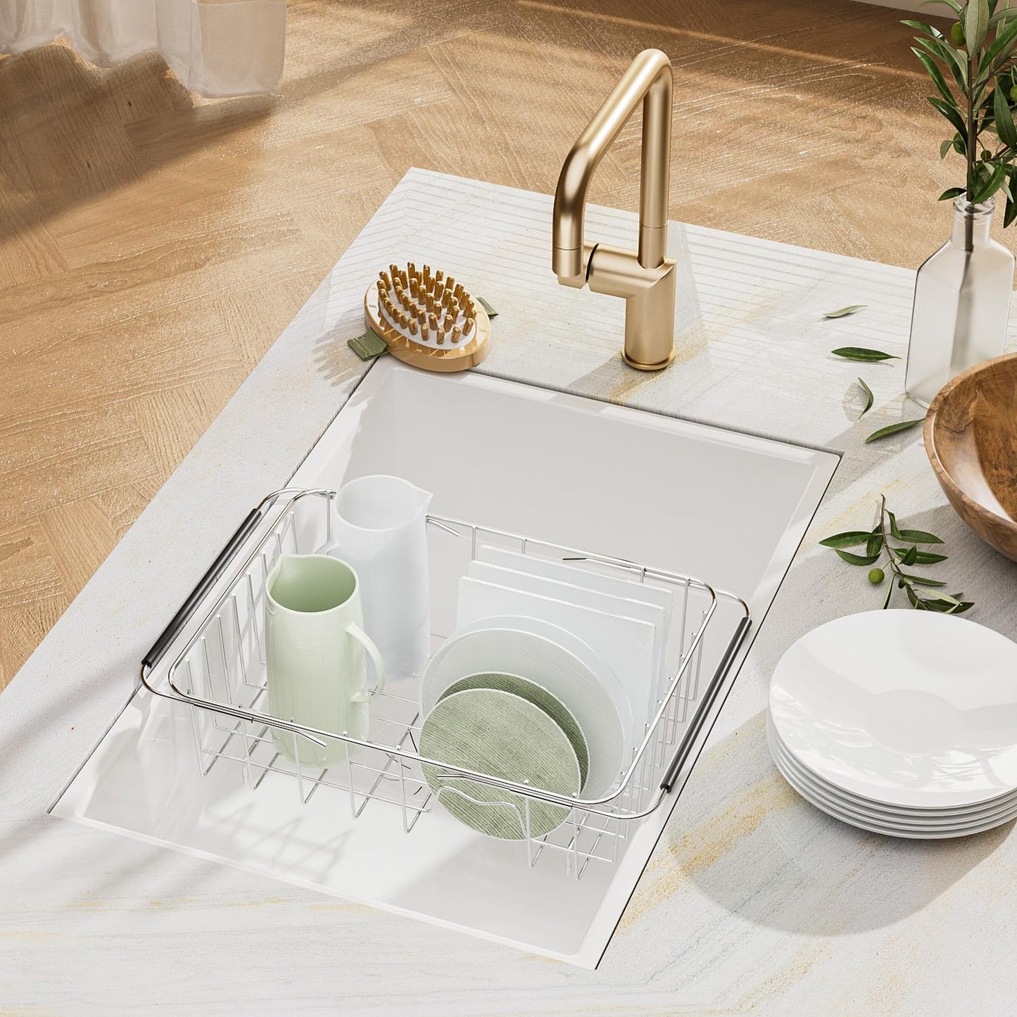 Dish Drainer Rack in Sink Adjustable 13.98" to 21.06", Expandable Stainless Steel Metal Dish Drying Rack Organizer Shelves with Stainless Steel Utensil Holder Over Sink Counter