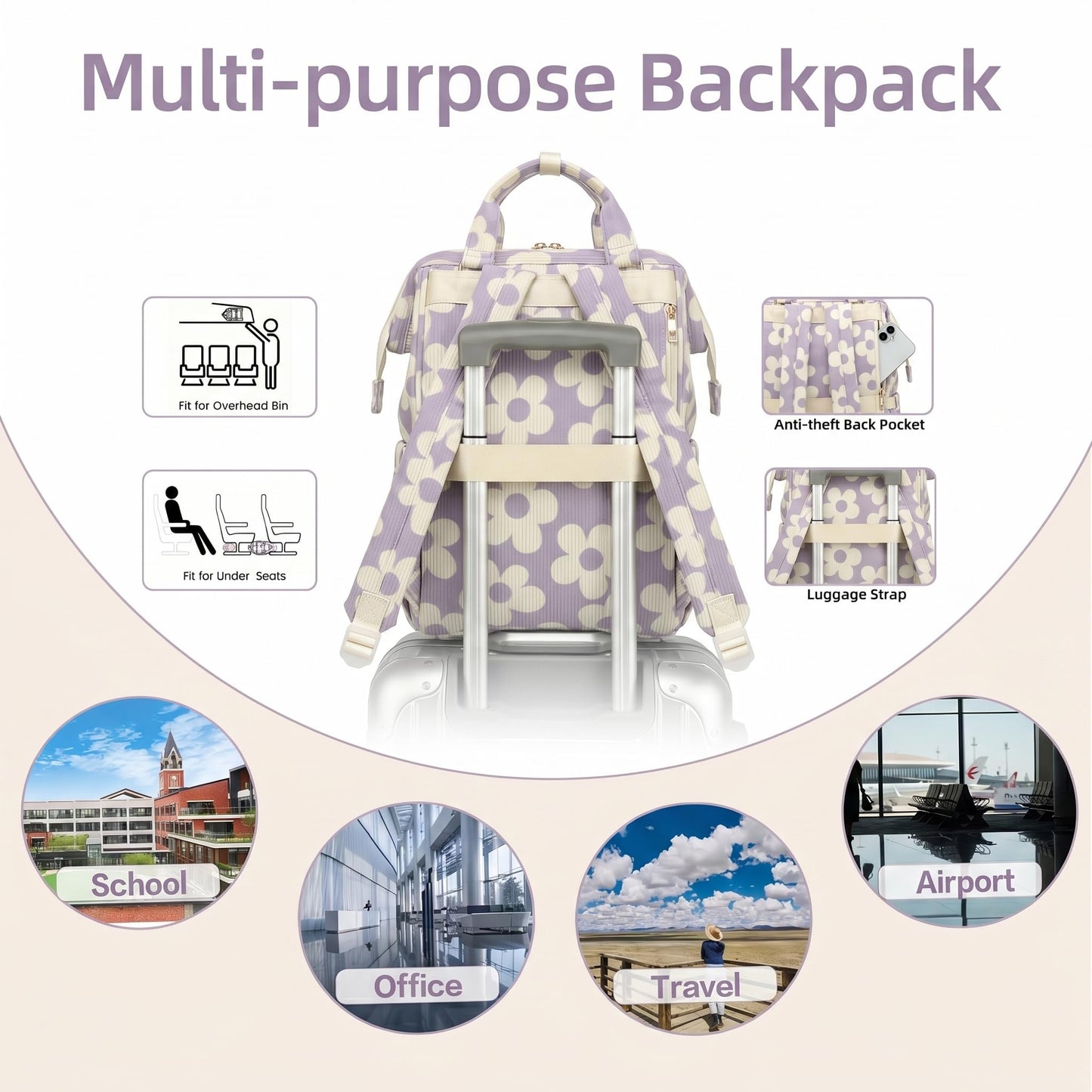 Corduroy Laptop Backpack for Women 15.6 Inch Stylish College School Bookbag, Business Work & Travel Computer Backpacks (Large Floral Purple)