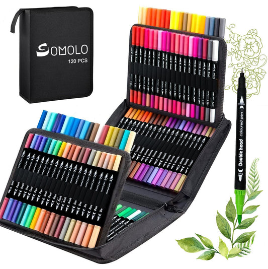 120 Colors colouring markers, Dual Tips Brush Markers for adult coloring books, fine tip markers and felt tip pens for Drawing, Beginner Lettering, Bullet Journal, Scrapbooking, Calligraphy, Craft