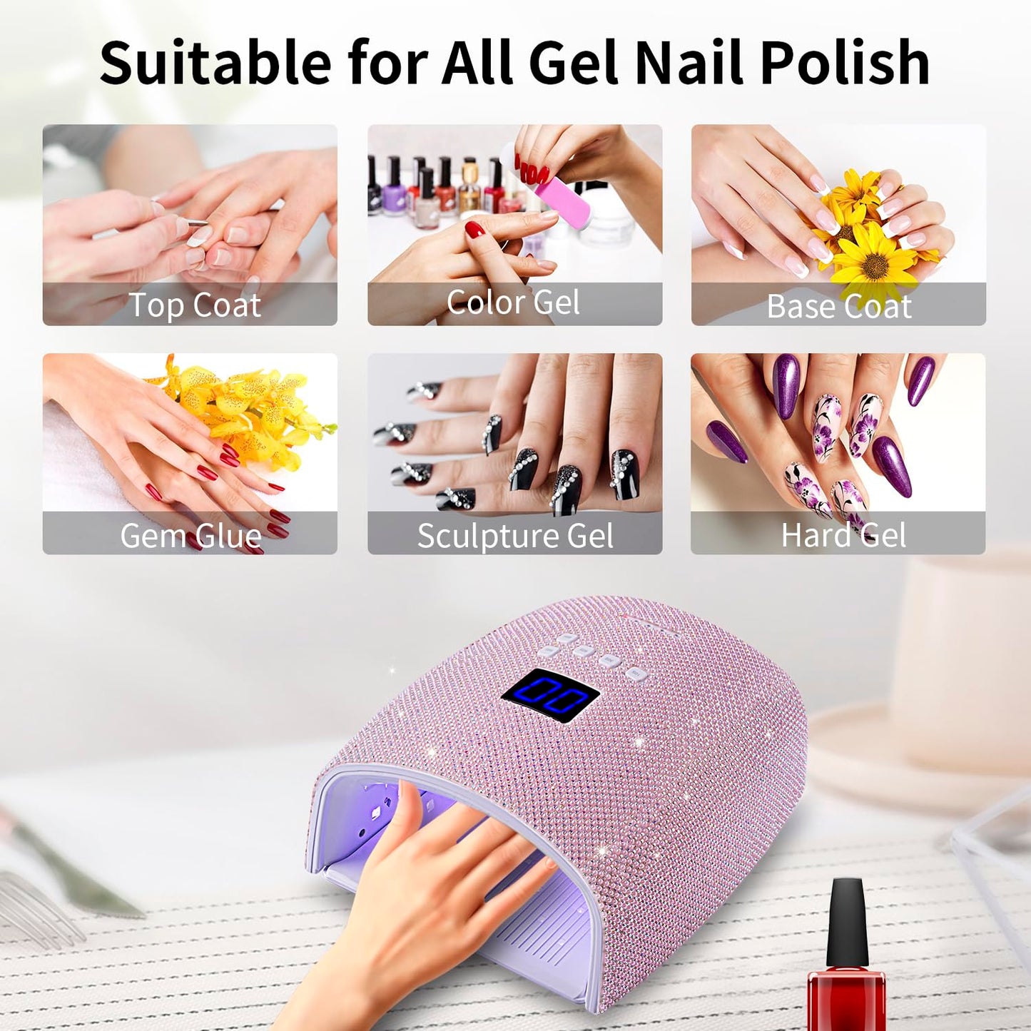 Ayshone 48W Cordless UV LED Nail Lamp,Rechargeable Gel Nail Dryer with Handle Nail Art Manicure Tools for Home and Salon (Pearl Pink Diamond)