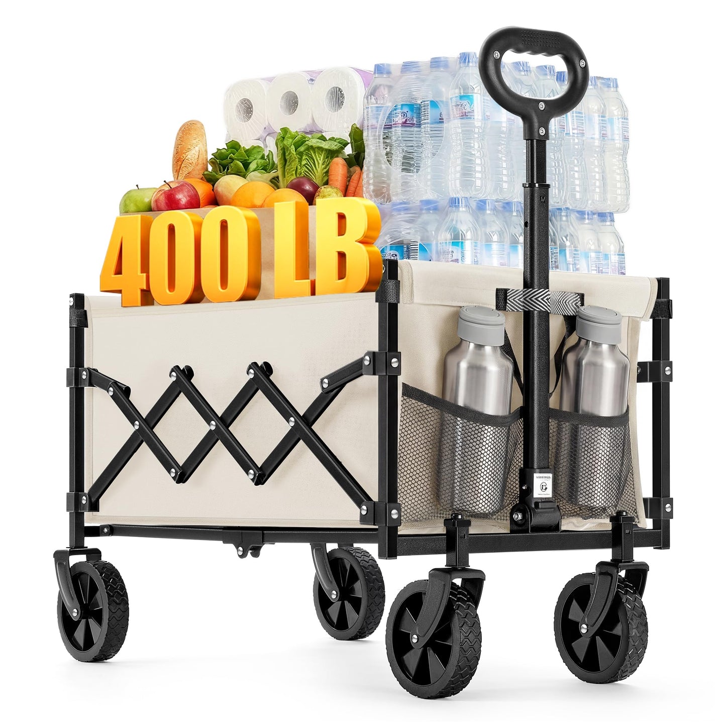 SONGMICS Collapsible Wagon, Foldable Wagon Cart, Folding Camp Cart with Wheels, for Outdoor, Yard, 180 kg Dynamic Weight Capacity, 90 L, Sand Beige UGFW909LF01