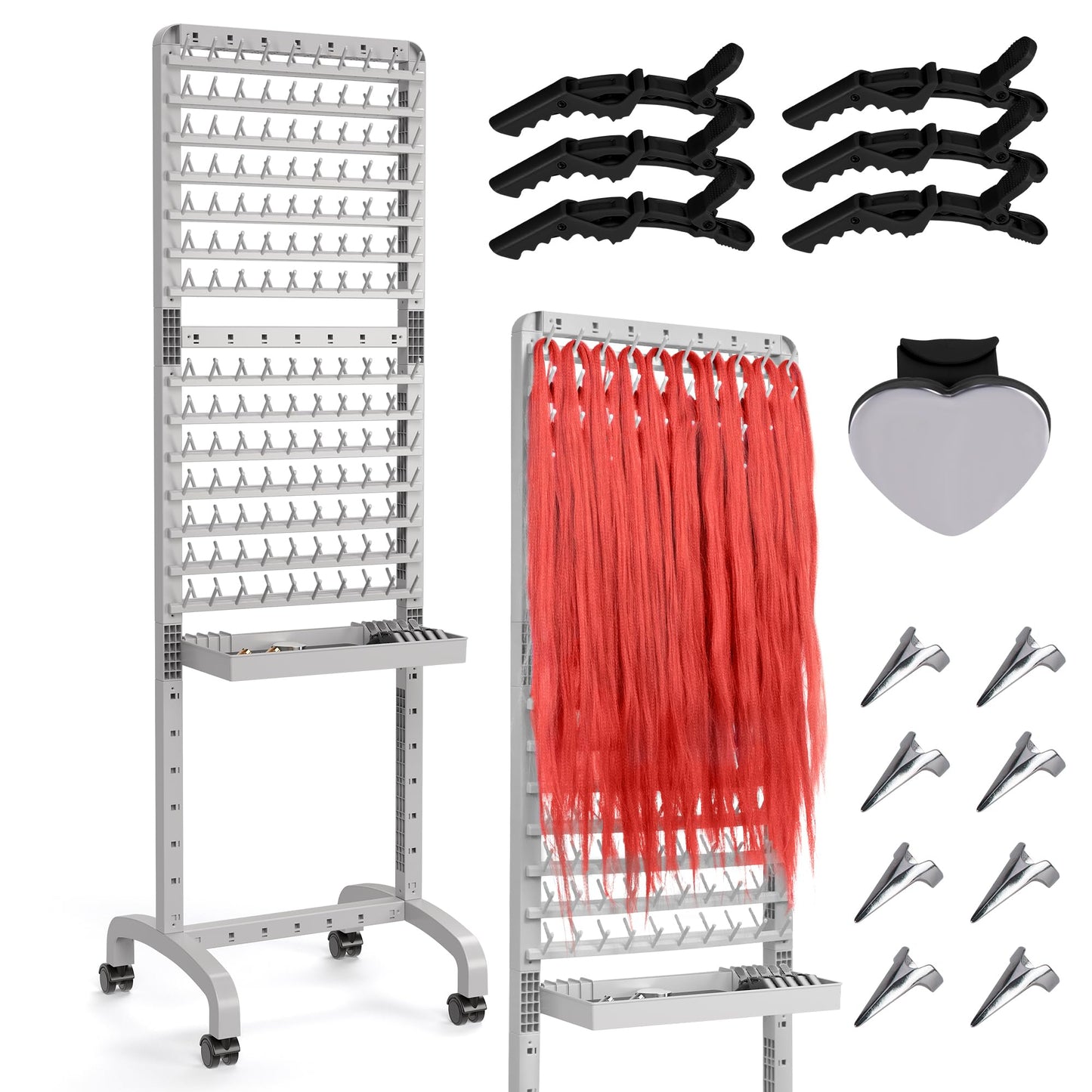 Yumkfoi 2-sided 280 Pegs Braiding Rack, Adjustable Hair Racks with Tray and 17 Braiding Tools, Braid Rack for Braiders, Hair Separator with Wheels (Grey)
