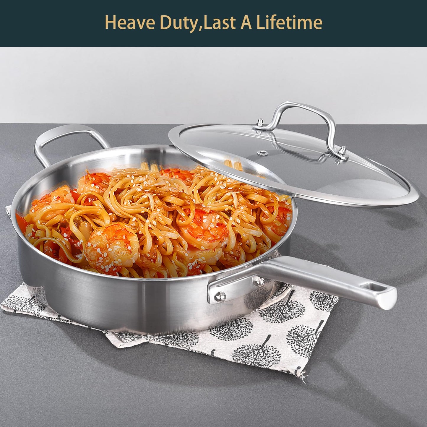 Tri-Ply Stainless Steel Saute Pan 6QT, 12 Inch Deep Frying Pan with Lids, 3-Layer Saute Pan with Lid Large Skillet with Stay Cool Handle, Induction Pan, Dishwasher and Oven-Safe