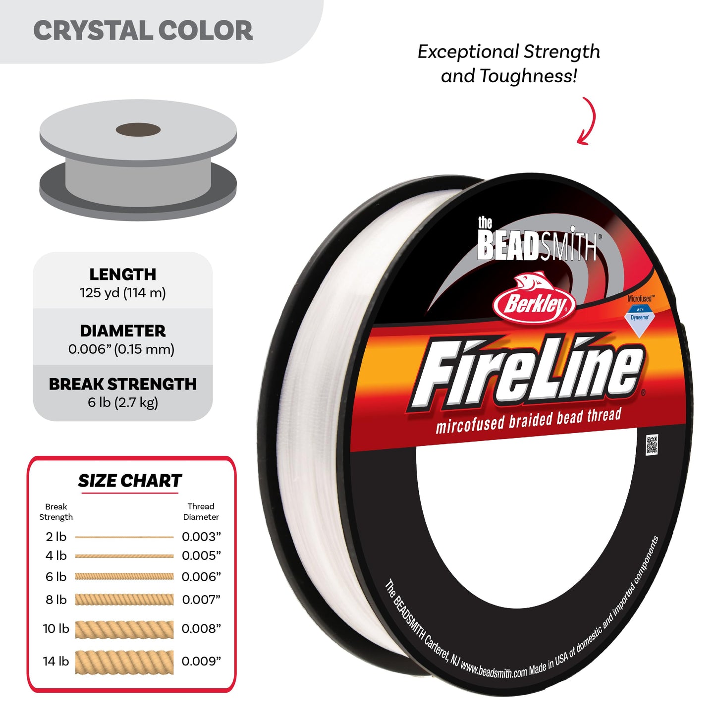 The Beadsmith Fireline by Berkley – Micro-Fused Braided Thread – 6lb. Test.006”/.15mm Diameter, 125 Yard Spool, Crystal Color – Super Strong Stringing Material for Jewelry Making and Bead Weaving