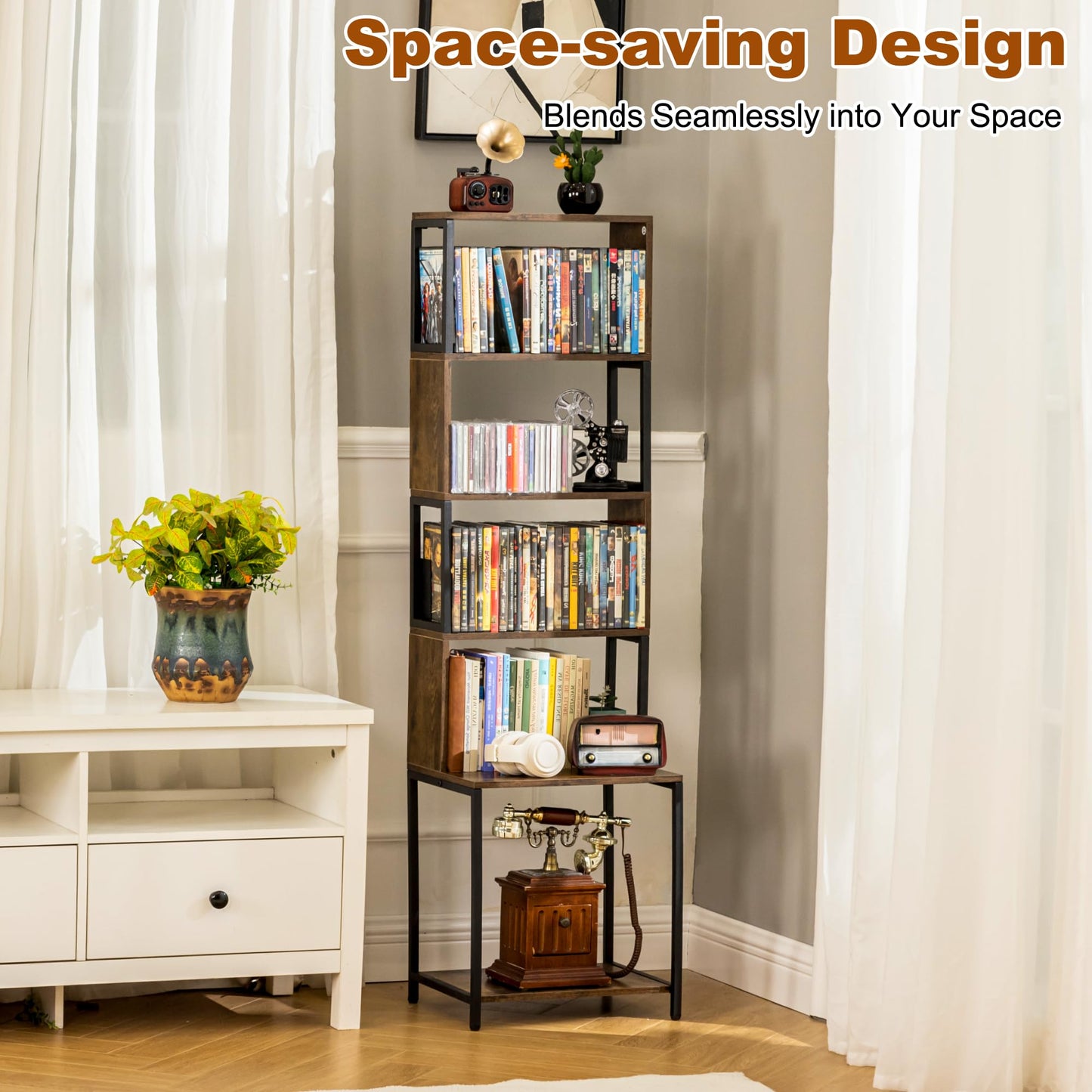 Aquzee CD Storage Rack, Wooden DVD Tower, CD Holder with Adjustable CDs Dividers, Media Storage Shelf for CDs/DVDs, Books, Video Games, Suitable for Living Room, Bedroom, Home Office