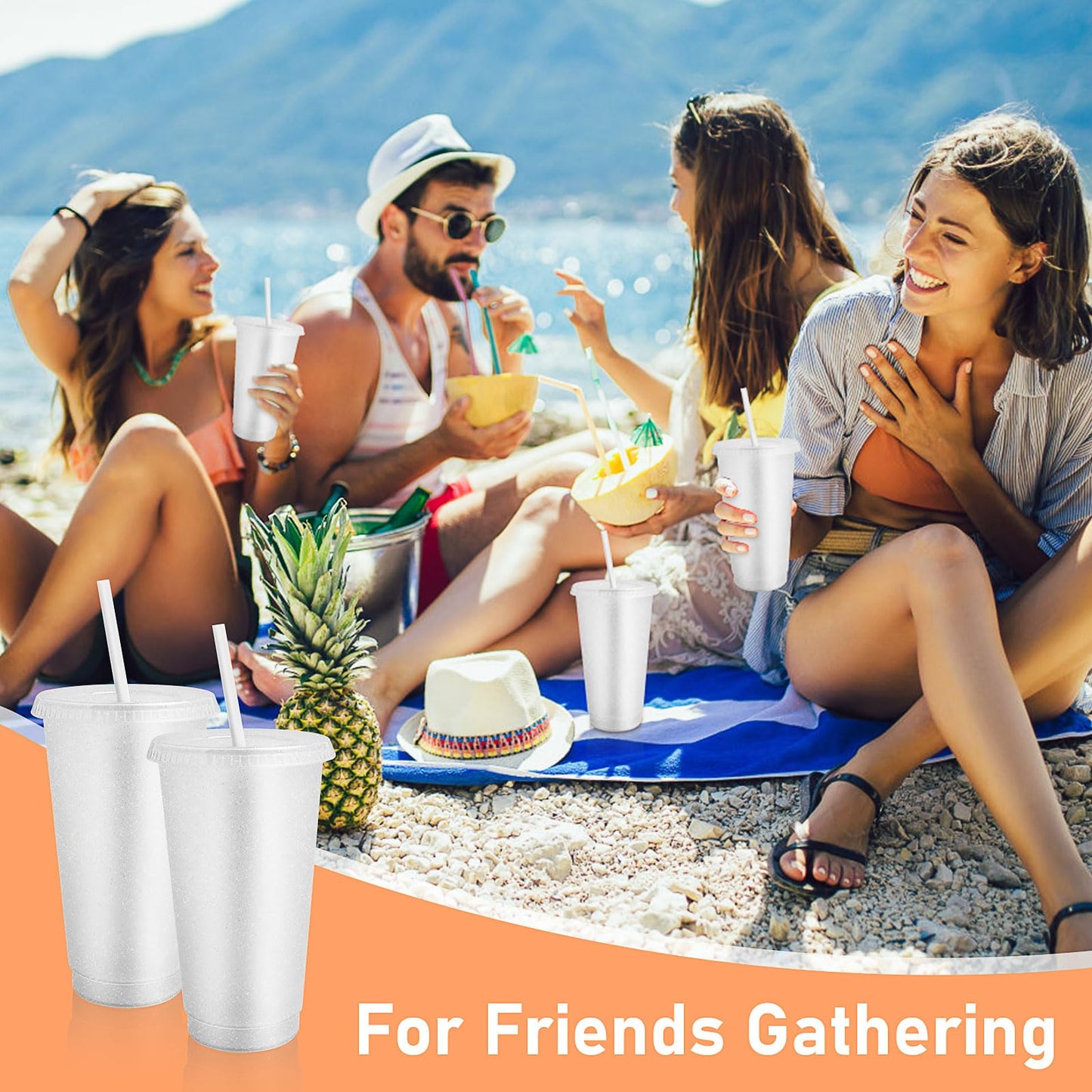 24 Pcs Plastic Glitter Cups with Lids and Straws,24 oz Reusable Tumbler Bulk Water Bottle Iced Coffee Cup Travel Mug for Smoothie Juices Birthday Party Supplies (White)