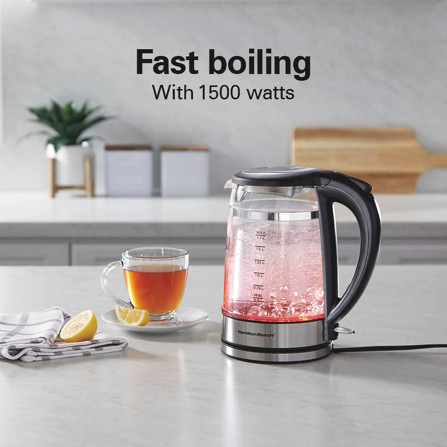 Hamilton Beach Double Wall Glass Electric Kettle, 1.7 L, 1500W, Color-Changing LED, Keeps Water Warm Longer, Cordless, Auto Shutoff & Boil-Dry Protection (40850)