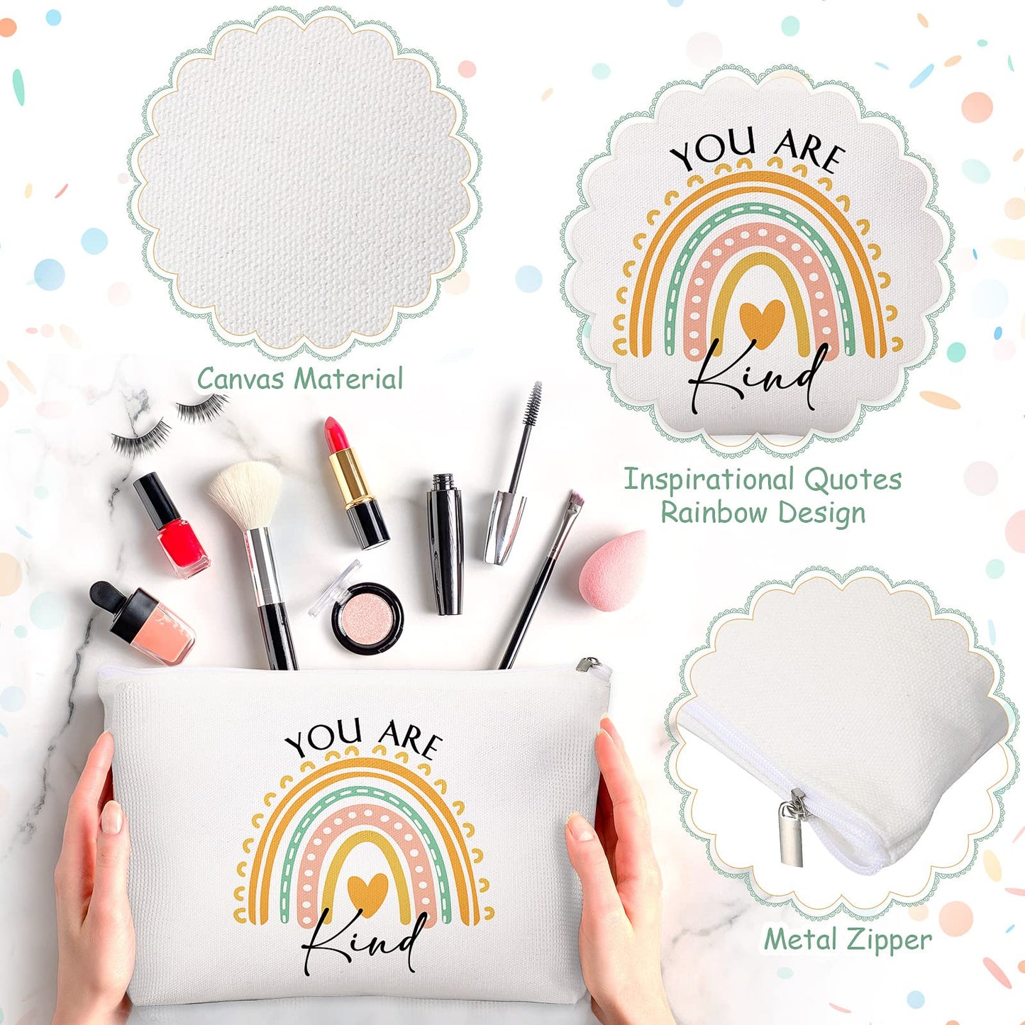 Coume 40 Pcs Rainbow Canvas Makeup Bags Bulk Inspirational Quotes Cosmetic Bag Pouches with Zipper Christmas Appreciation Gifts for Women Staff Coworker Teacher Nurses Birthday