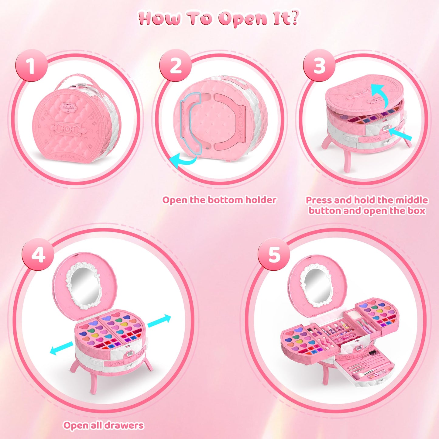 PERRYHOME Kids Makeup Kits for Girls,57 Pcs Kids Makeup Sets for Girls 3-12,Non-Toxic Washable Real Cosmetic Set,Birthday Gift Princess Toys (Fairy Floss Pink)