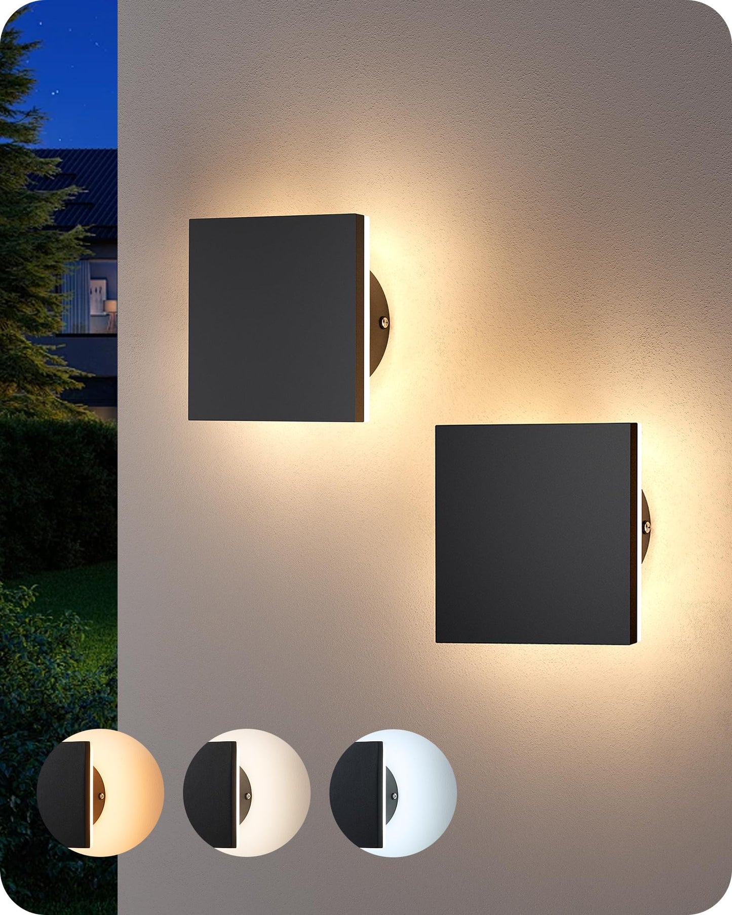 EDISHINE LED Outdoor Wall Lights, Dimmable Exterior Lighting Fixtures, 3000K-5000K, IP65 Waterproof Modern Outside Wall Sconce, 360° Backlit Square Aluminum Mini Porch Light, Black, 2 Pack