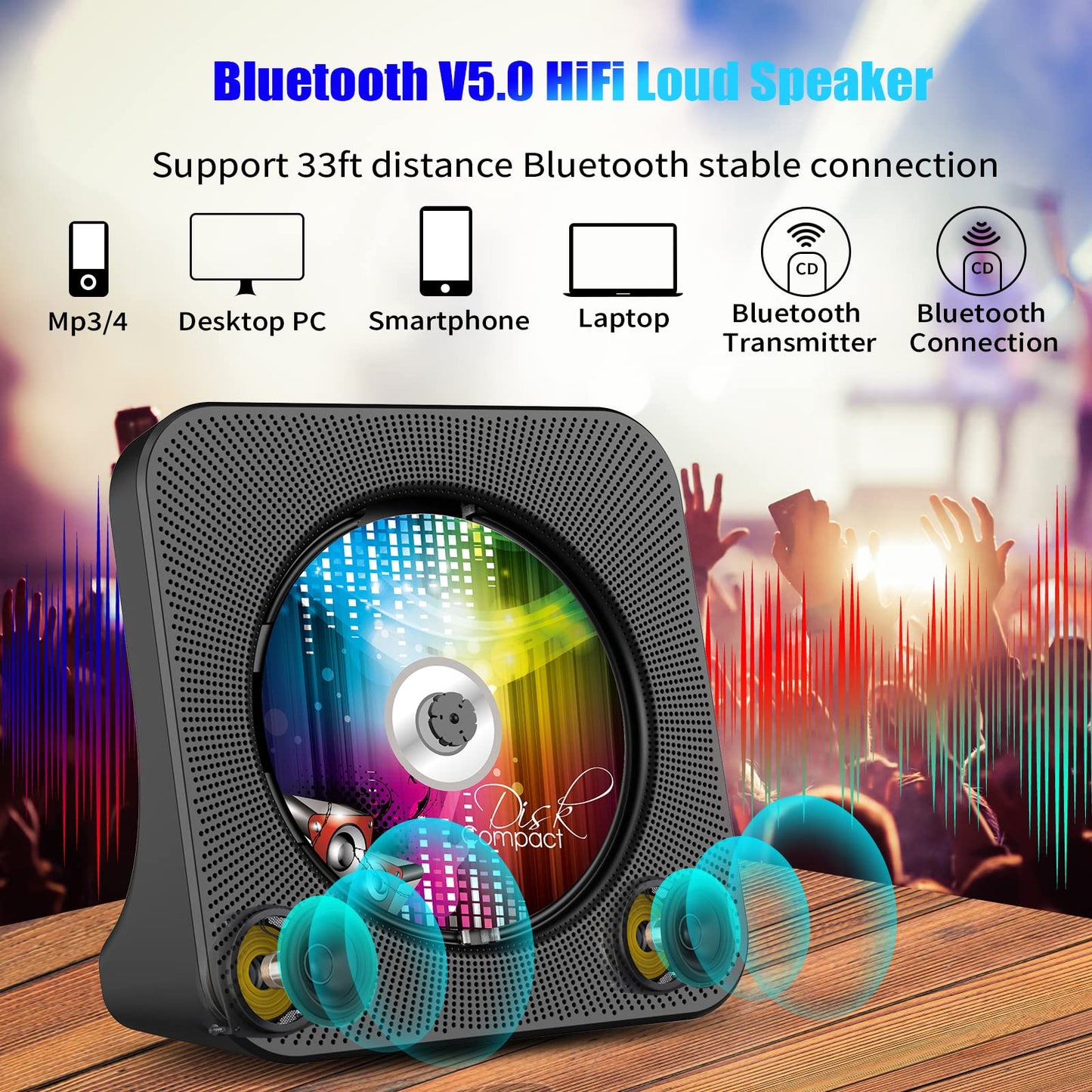 Gueray Portable CD Player, Bluetooth CD Kpop Player for Desktop with HiFi Sound Speaker, Cute FM Radio CD Music Player for Home with Remote Control Dust Cover LED Screen Support AUX/USB Headphone Jack
