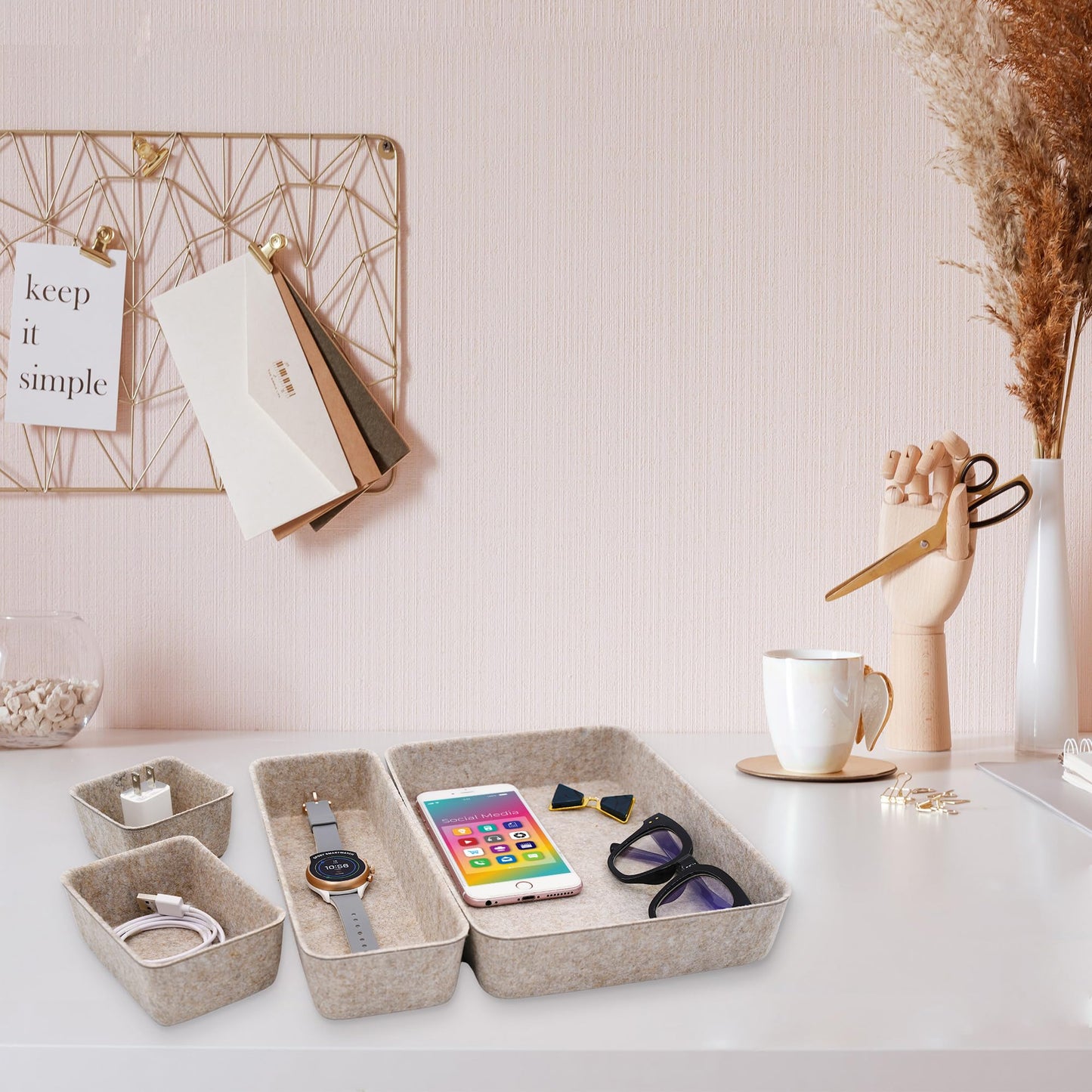 Welaxy 8-piece Nordic Beige desk drawer organizer tray office suppliers pens decluttering aesthetic wabi-sabi Scandinavian-chic storage bin hygge sleek minimalist fall gift (Oatmeal)