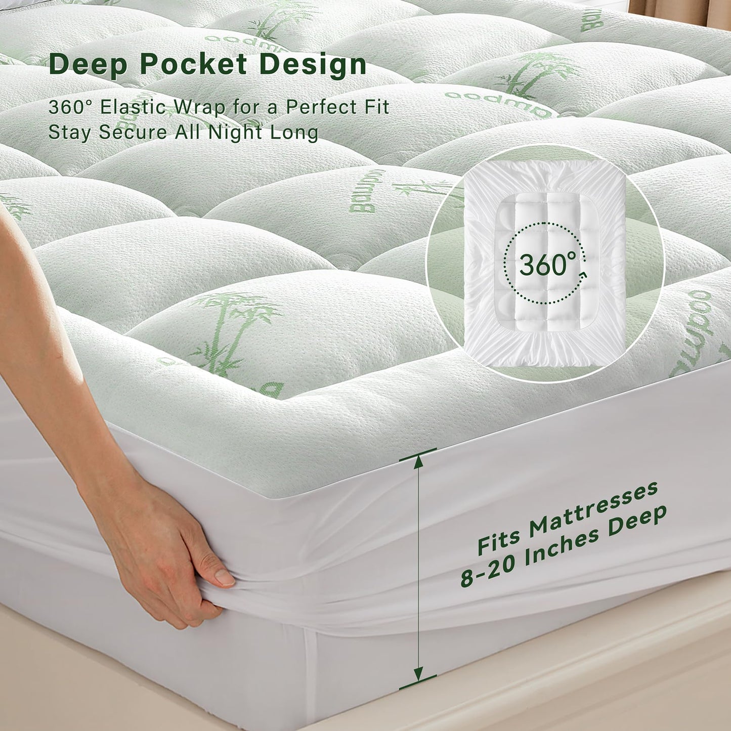 SunStyle Home Mattress Topper Queen Memory Foam for Back Pain, Rayon Derived from Bamboo Pillow Top Mattress Topper,Thick Mattress Pad with 8-21" Deep Pocket, 60x80 Inches, White