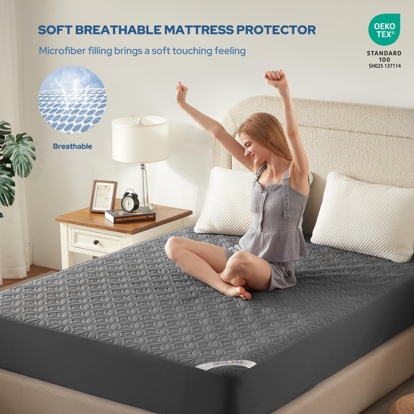 BEDLORE Waterproof Mattress Protector, King Size Mattress Pad with Deep Pocket 6"-21" Depth, Soft & Noiseless Dirt-Proof Bed Mattress Cover Washable for Home, Bedroom, Hotel (Gray)