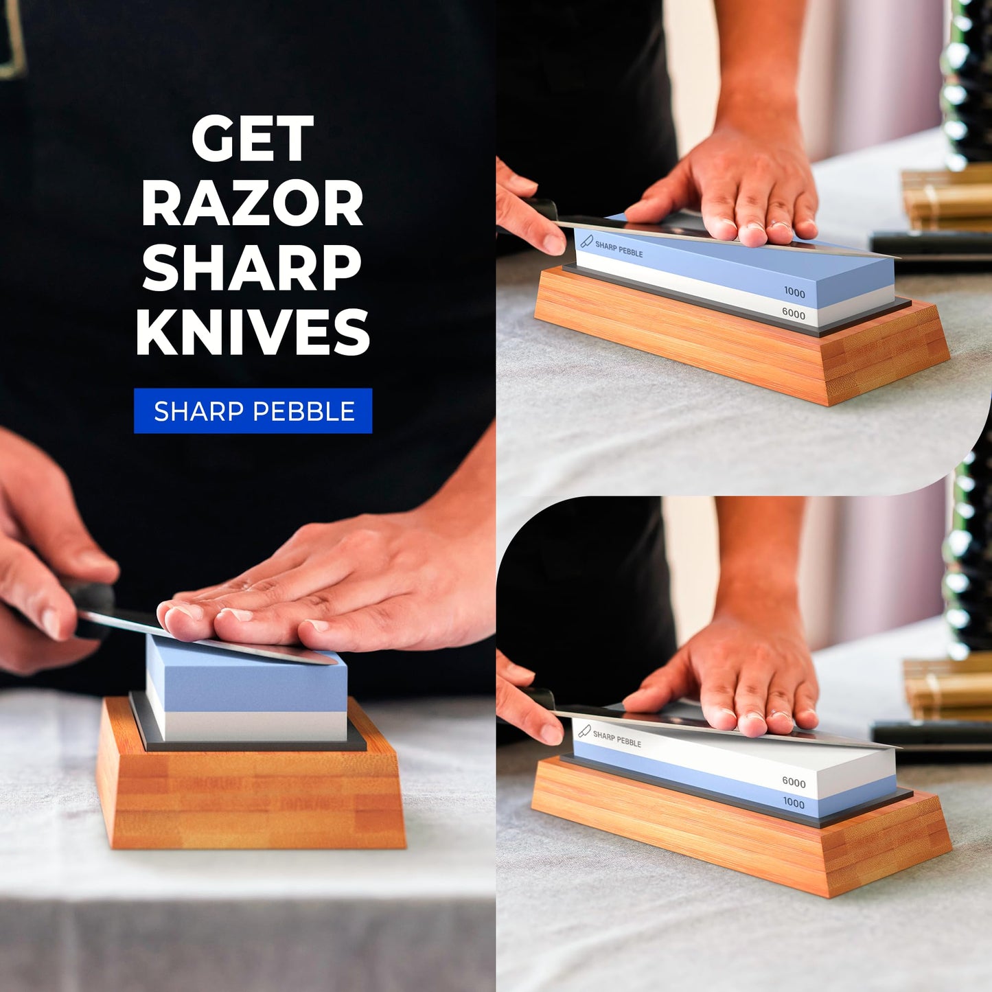 Premium Sharpening Stone- 2 Side Whetstone 1000/6000 - Knife Sharpening Stone- Nonslip Bamboo Base, Angle Guide & eBook