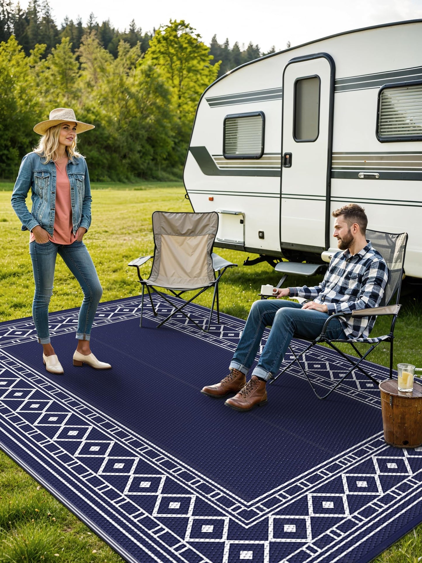 GENIMO 6'x9' Outdoor Rug for Patio, Reversible Plastic Waterproof RV Rugs, Clearance Large Mat, Porch, Camping, Picnic, Deck, Camper, Balcony, Blue & White