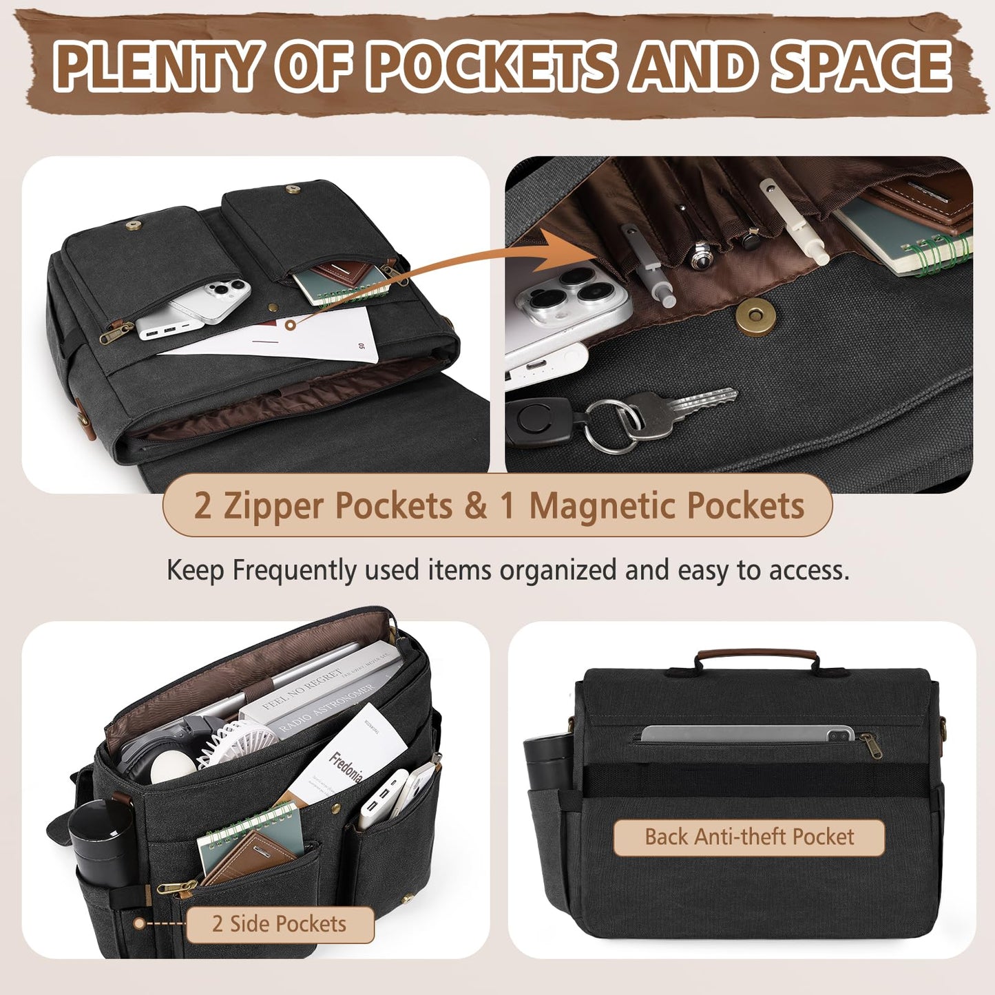 RAINSMORE Messenger Laptop Bag for Men 15.6 Inch , Canvas Briefcase Satchel Computer Shoulder Bag Men's Work Business Office Bag with Padded Compartment, Black