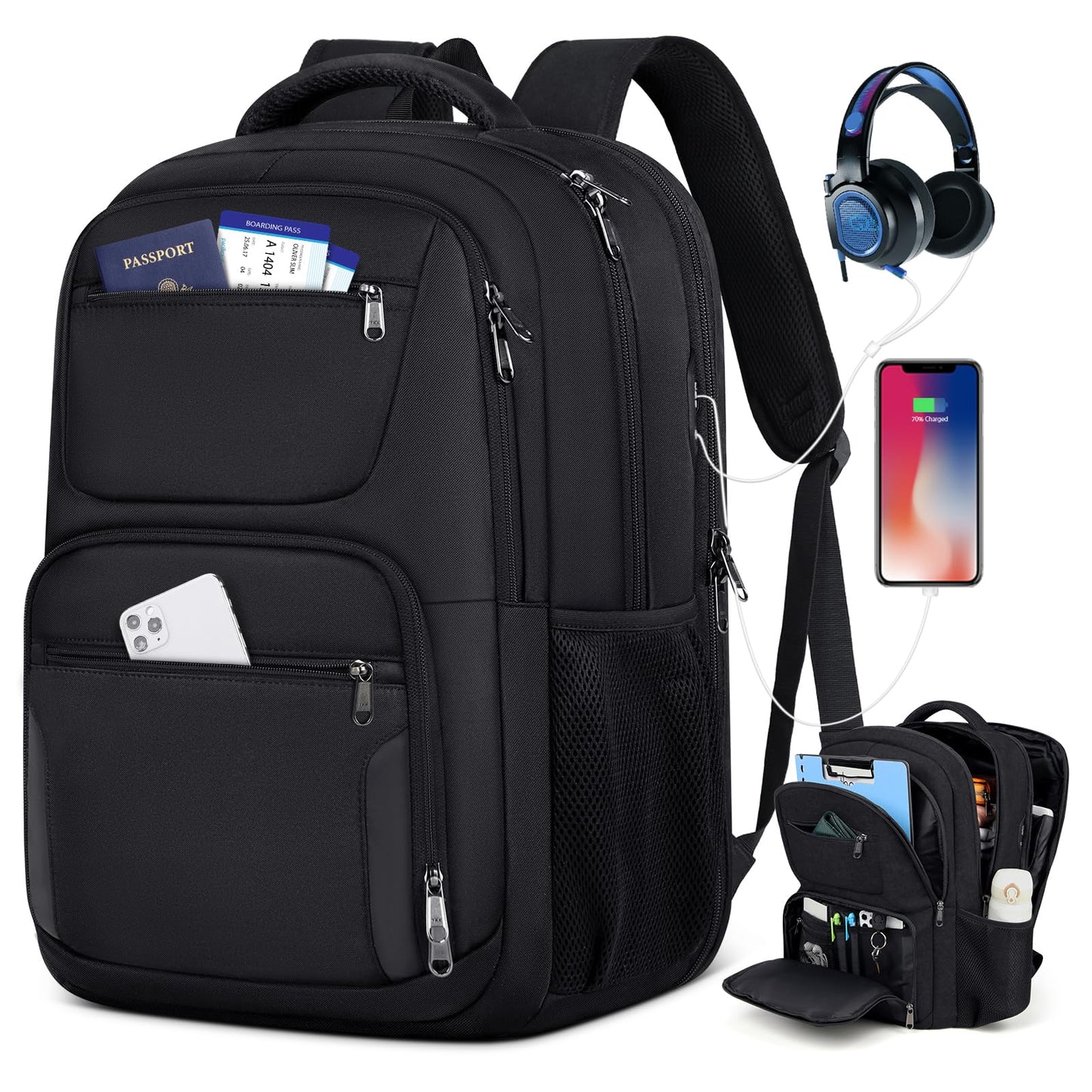 Travel Laptop Backpack, 17.3 Inch Extra Large Laptop Backpack with USB Charging Port 45L Travel Backpack for Men Women Water Resistant Computer Backpack for College School Work Business, Blcak