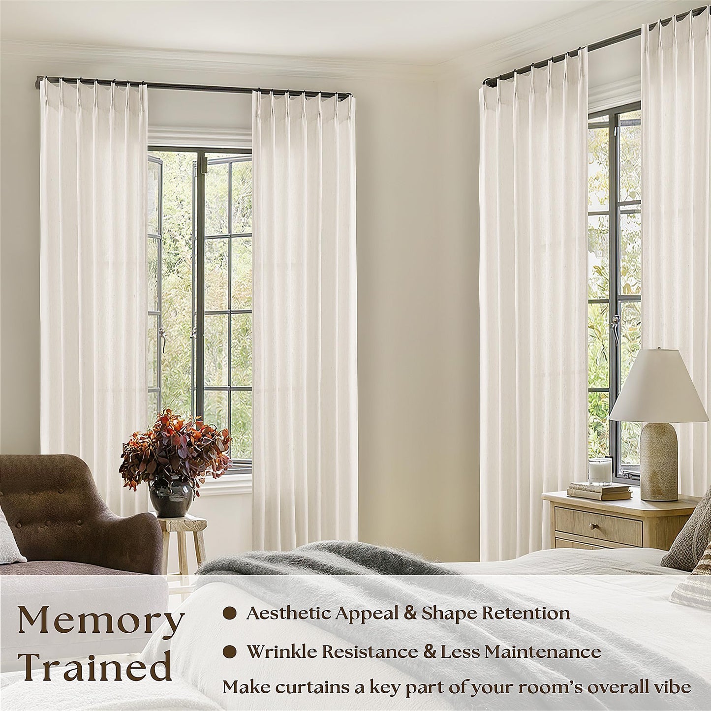 Natural Pinch Pleated Linen Curtains 96 Inches Long for Living Room Pleat Drapes Hooks Rings Back Tab Neutral Cream Ivory Semi Sheer Pleated Curtain 96 Inch Length for Bedroom Dining Office 1 Panel