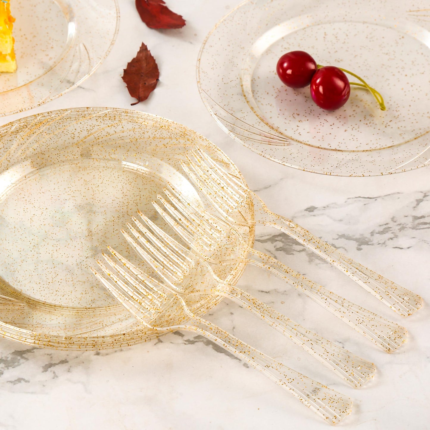 Conflech 120 Pieces Glitter Gold Plates with Plastic Forks, Gold Dessert Plates for 60 Guests, Heavy Duty Gold Plates, 60pcs 6.5" Gold Plastic Plates and 60pcs Plastic Forks Disposable Plates