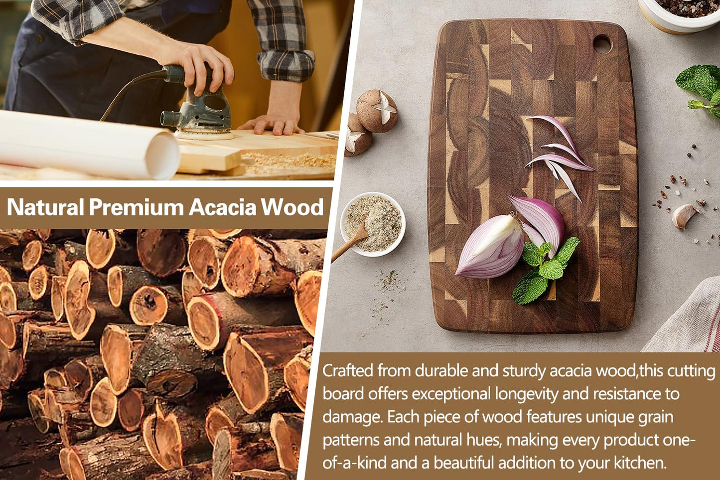 XINZUO Small Acacia Wood Dark Kitchen Cutting Board for Meat, Vegetables and Cheese, Double-Sided, with Hanging Hole,14.1 x 9.4 inch Kitchen Chopping Serving Board for Countertop