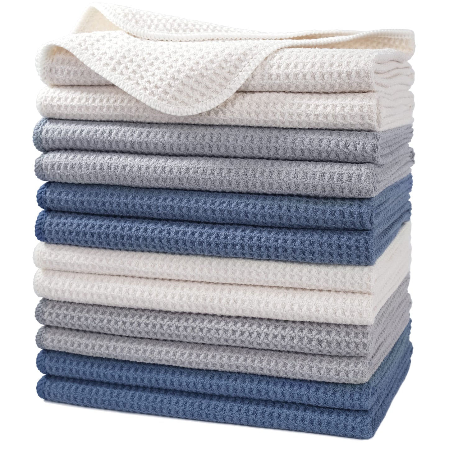 Polyte Premium Microfiber Kitchen Dish Hand Towel Waffle Weave (Dark Blue, Gray, Off White, 16x28) 12 Pack