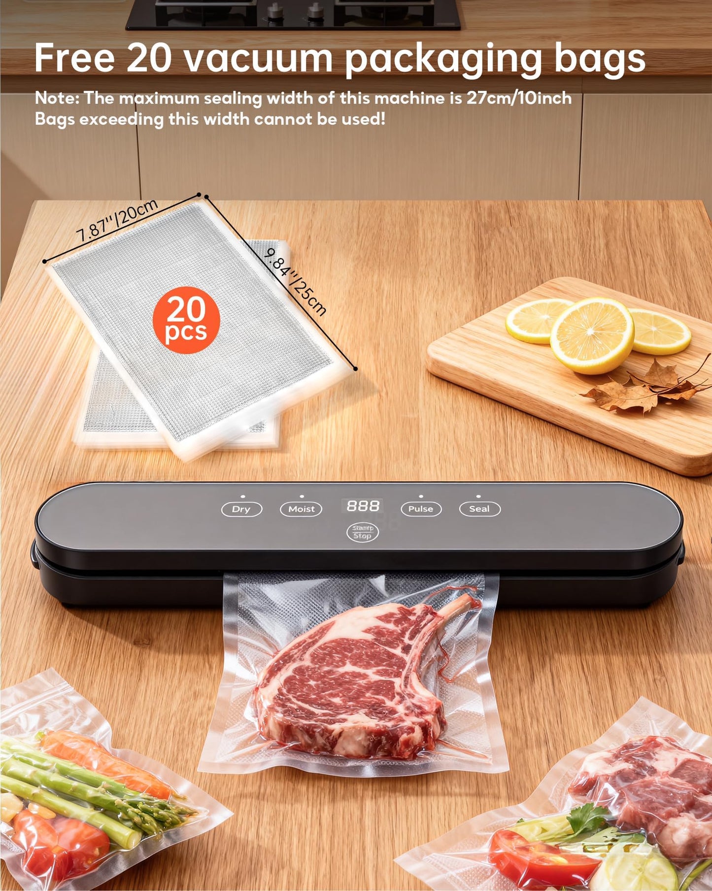 Vacuum Sealer, Automatic Food Preservation System with Digital Display, 75Kpa Super Suction Power, 20 Food Preservation Bags Included, Dry/Moist Food Modes, One-Touch Operation for Maximum Freshness