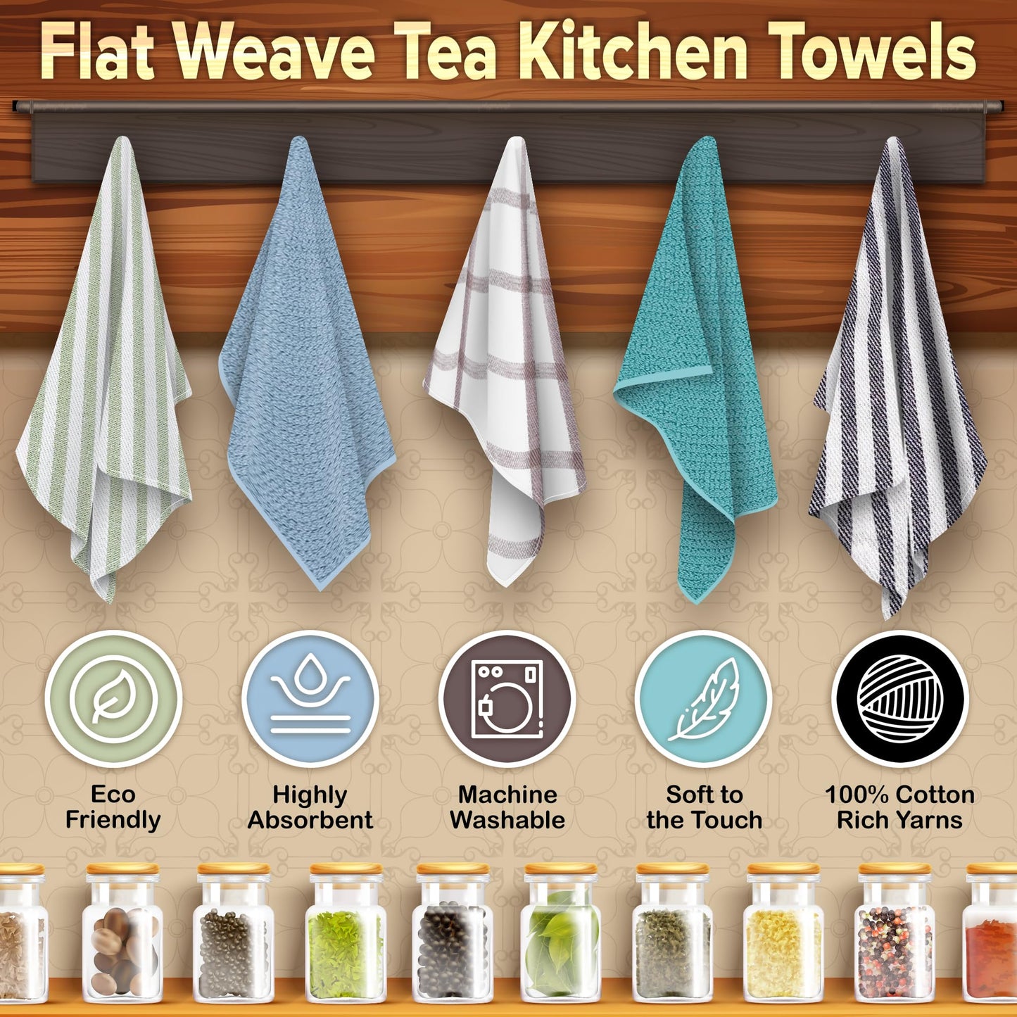 Flat Weave Tea Kitchen Towels - Set of 6 Towels 18 x 28 Inches, 4 Flat Weave Towels For Cooking & Drying Dishes, 2 Tea Towels For Spills & Kitchen Messes (Black)