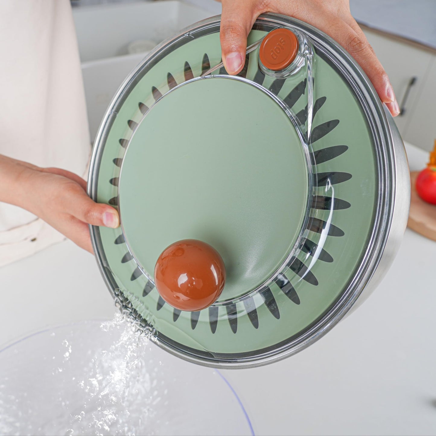Shatomo Stainless Steel Salad Spinner, 5L Lettuce Spinner with Non-Slip Base, Drain and Stop Button, Fruit and Vegetable Washer and Dryer Spinner