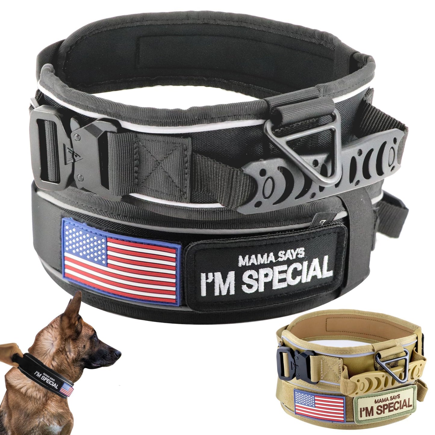 Comfluxe 2.5" Tactical Dog Collar for Medium Dogs, Adjustable Heavy Duty Military Nylon Dog Collar with Reflective Stitching & Padded Handle for Hiking/Running/Training (Black,M)