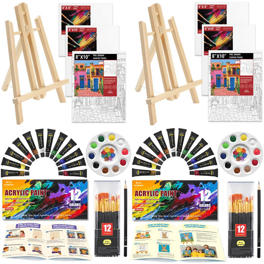 2 Pack Painting Set for Couples or Family Groups, 62 PCS Paint Set with 2 Table Easels,24 Acrylic Paints,6 Pre-Drawn & Blank Canvases,24 Brushes,2 Pencils,2 Palettes and Painting Guides