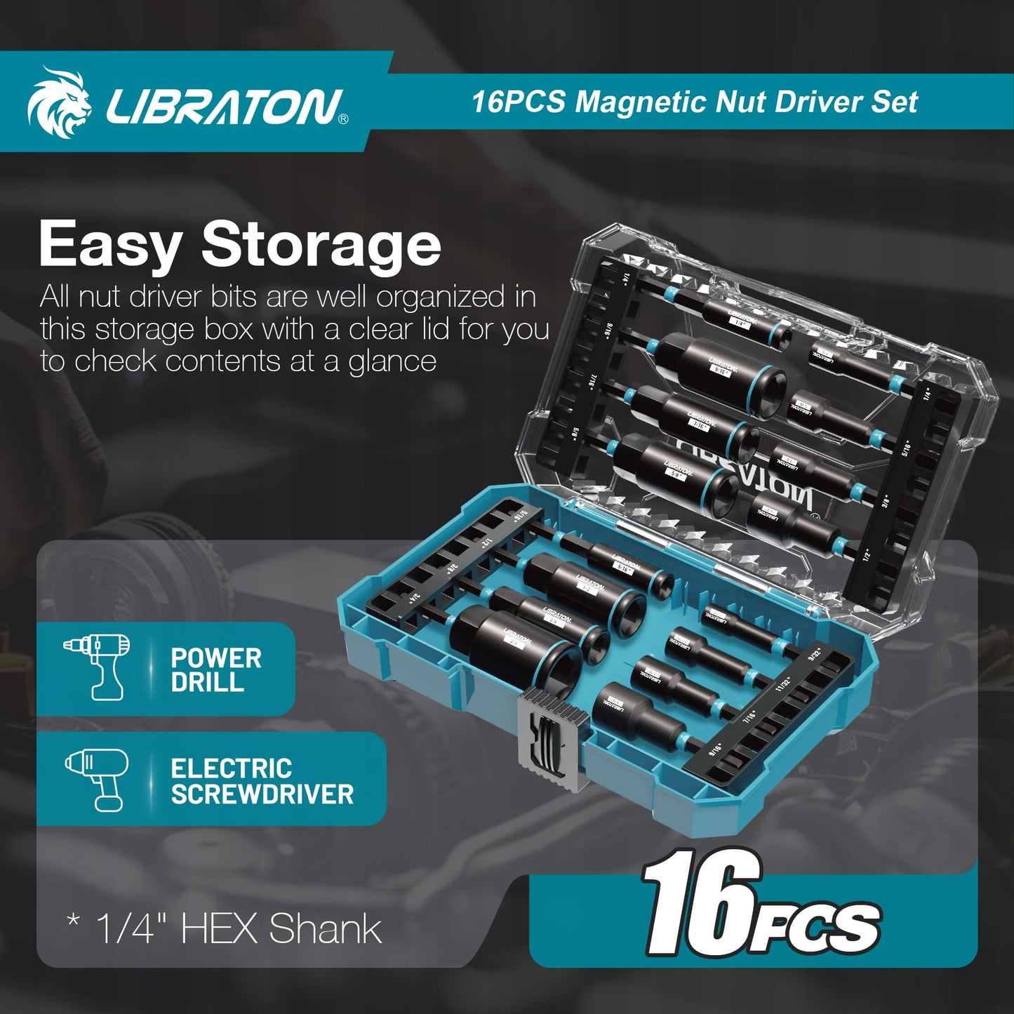 LIBRATON Magnetic Nut Driver Set, 16PCs Impact Driver Bit Set, Deep Nut Driver Set, SAE Nut Driver for Impact Drill, 1/4"-9/16" Nut Drivers and 1/4"-4/3" Deep Nut Drivers, with Toolbox for Car Repairs