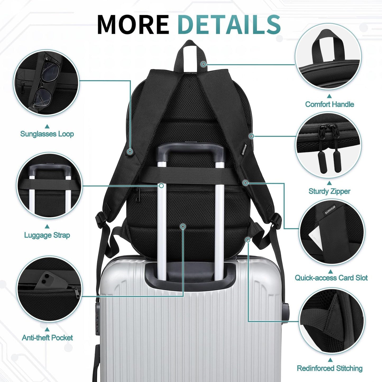 SUIKIHUM 15.6 Inch Laptop Backpack, Expandable with USB Port, Water-Resistant for Work, College and Travel, Black