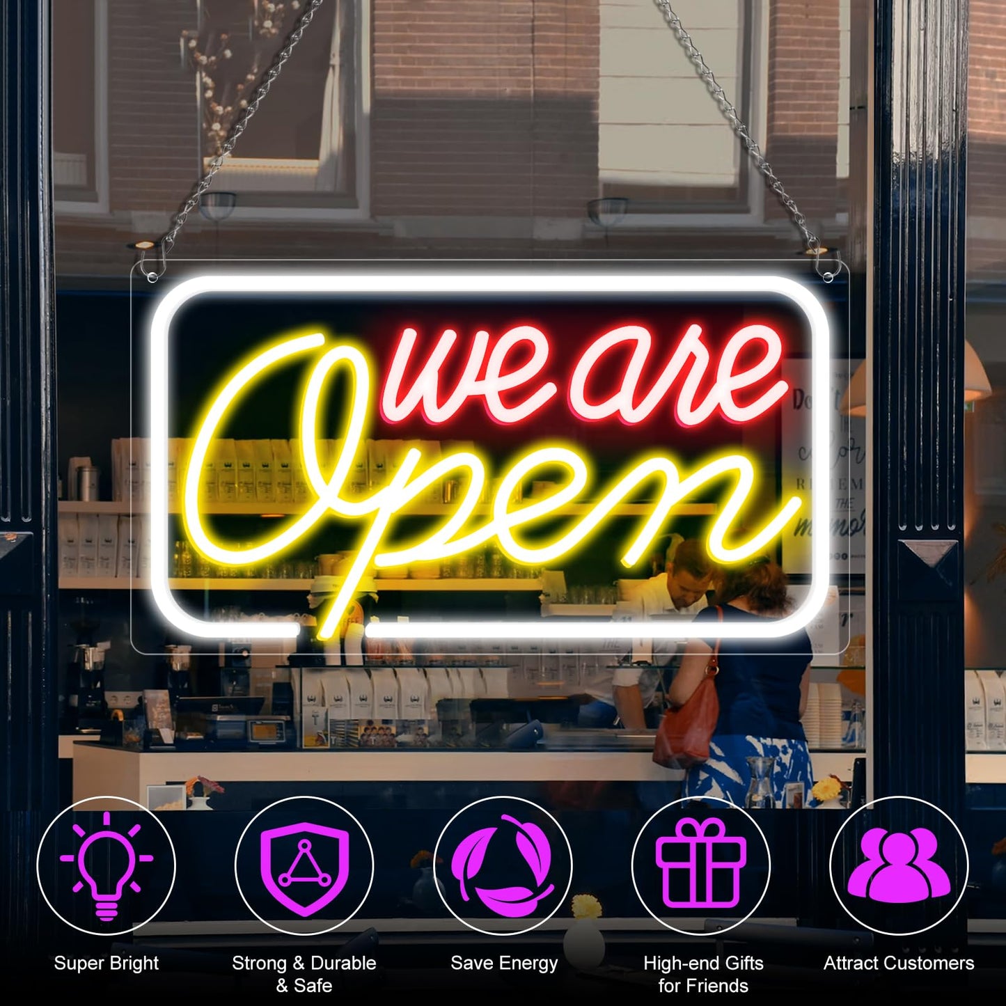 Neon We Are Open Signs for Business, 16.5''x 9'' Open Sign LED, Super Bright & Easy to Spot Open Neon Sign(Red&Yellow&Cool White), with ON/OFF Switch & Adapter, Ideal for Window, Party, Wall, Bars,
