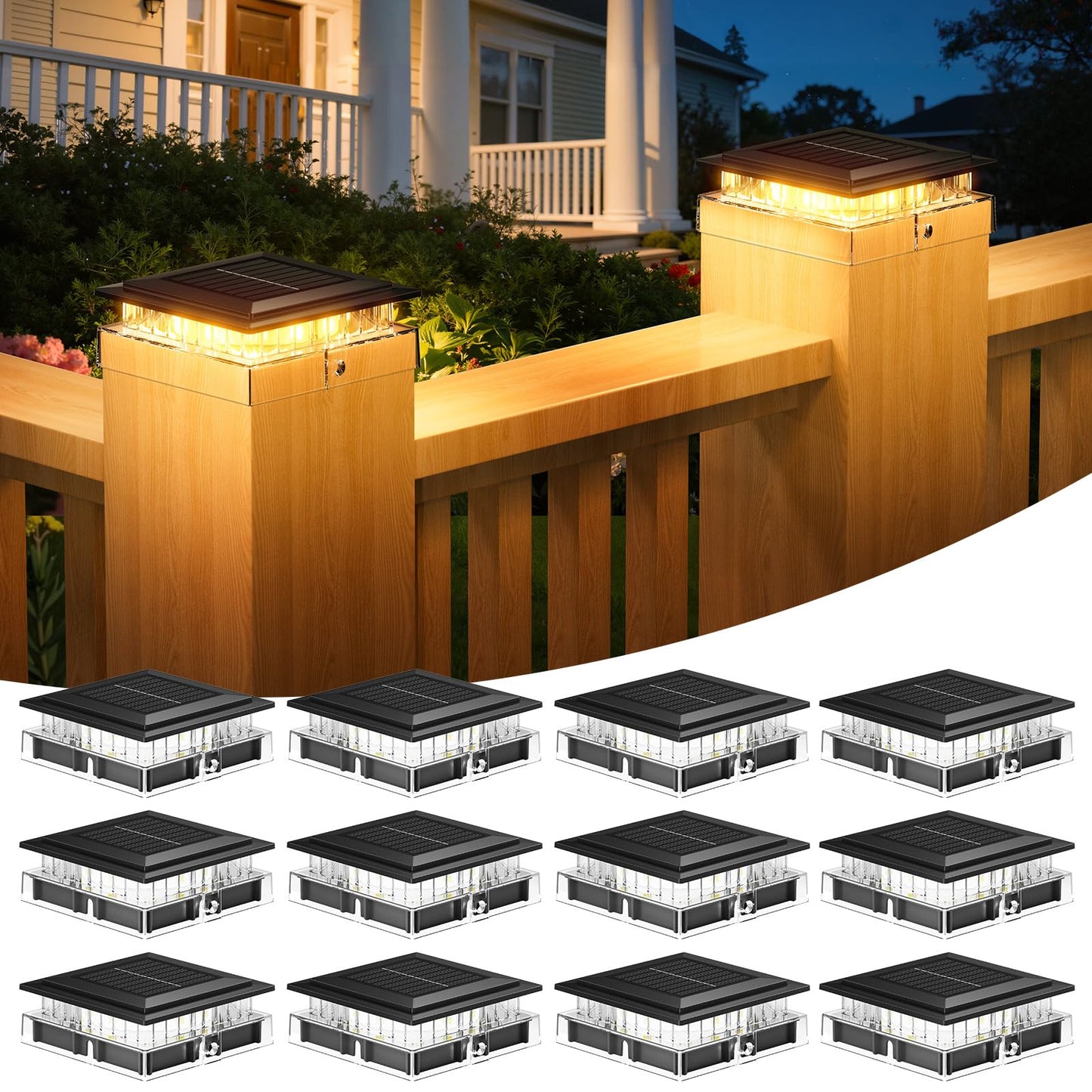 LETMY 12 Pack 4x4 Solar Post Cap Lights Outdoor, Fence Post Solar Lights with Warm Light Mode, Waterproof Fence Deck Post Lights Solar Powered Fits 4x4 3.5x3.5 Vinyl Wooden Posts for Patio Porch