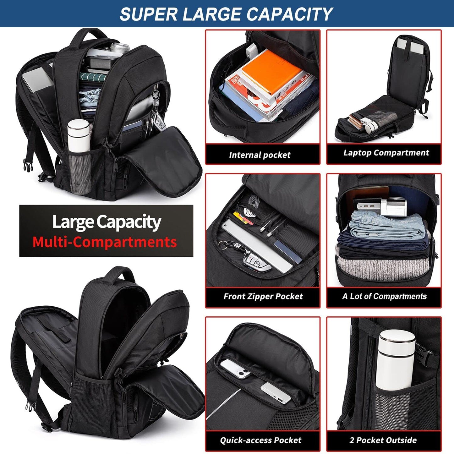 Extra Large Travel Laptop Backpack for Men 55L,Water Resistant 18.4 inch Big Business Laptop Bookbags with USB Charging Port,TSA Friendly Anti Theft Computer Bag for Work College School,Black