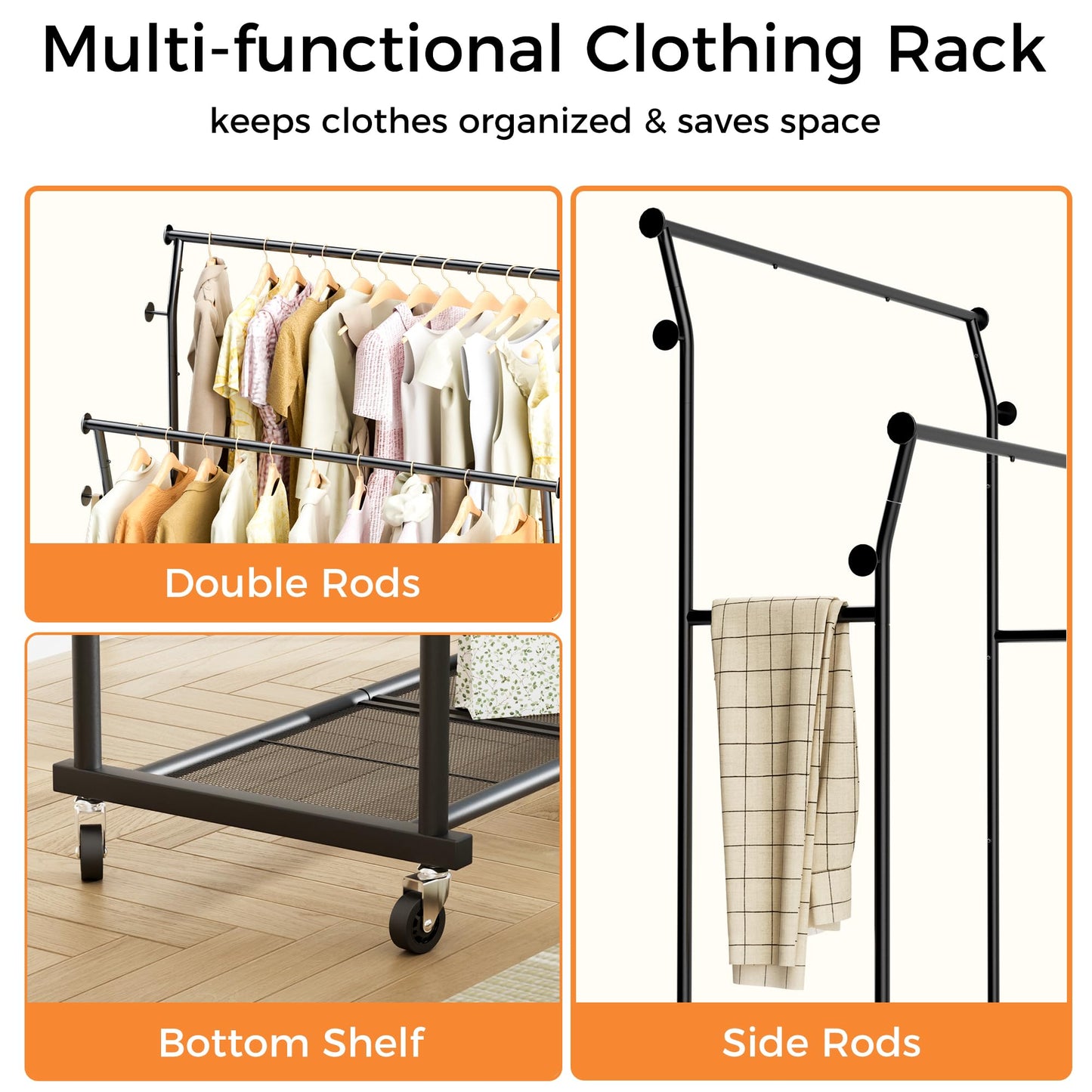 Double Rods Clothes Rack, Rolling Clothing Rack for Hanging Clothes with Hooks&Mesh Shelf, Portable Wardrobe Rack, Metal Coat Rack Sturdy Garment Rack for Bedroom Laundry Living Room Storage, Black