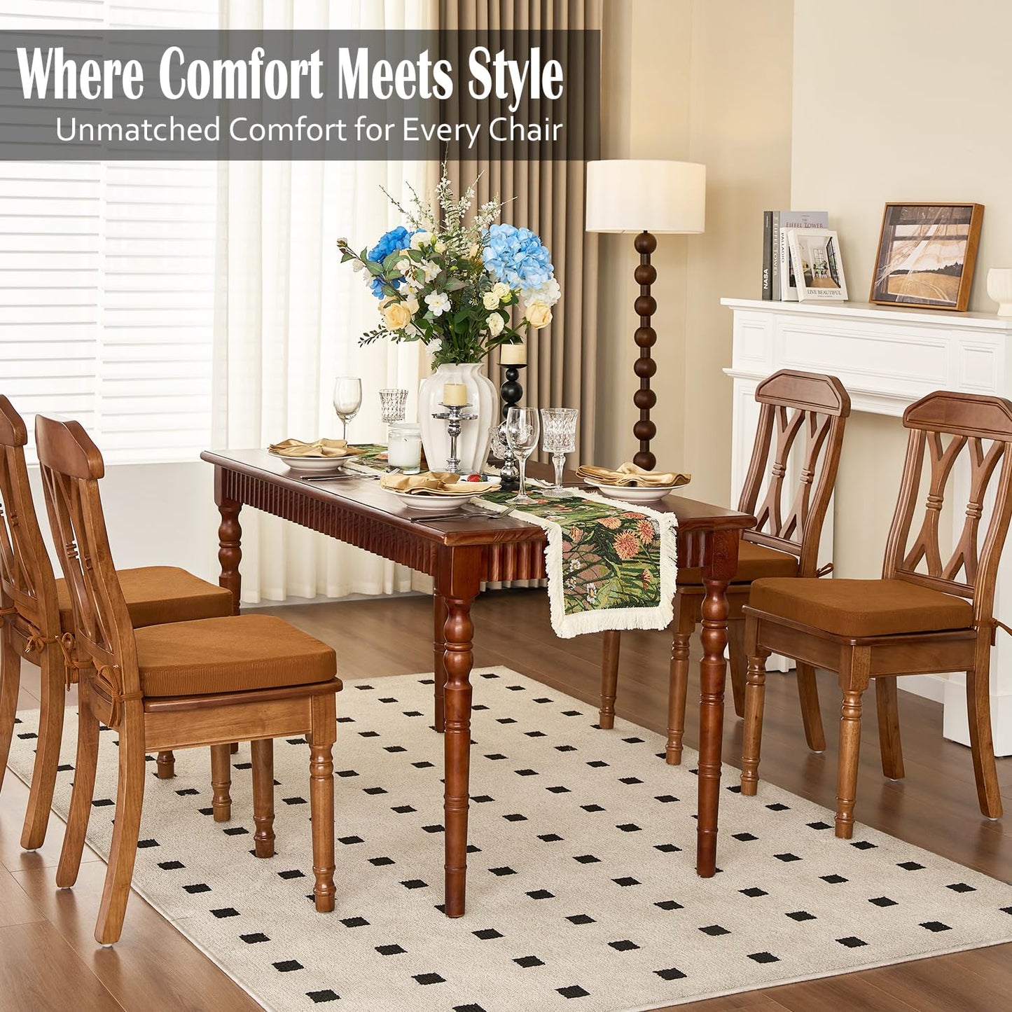 Nobildonna Dining Chair Cushions Set of 4-2" Thick High-Density Foam Chair Pads with Ties and Non-Slip Bottom, Removable Washable Cover for Dining and Kitchen, 17"x16", Orange Brown