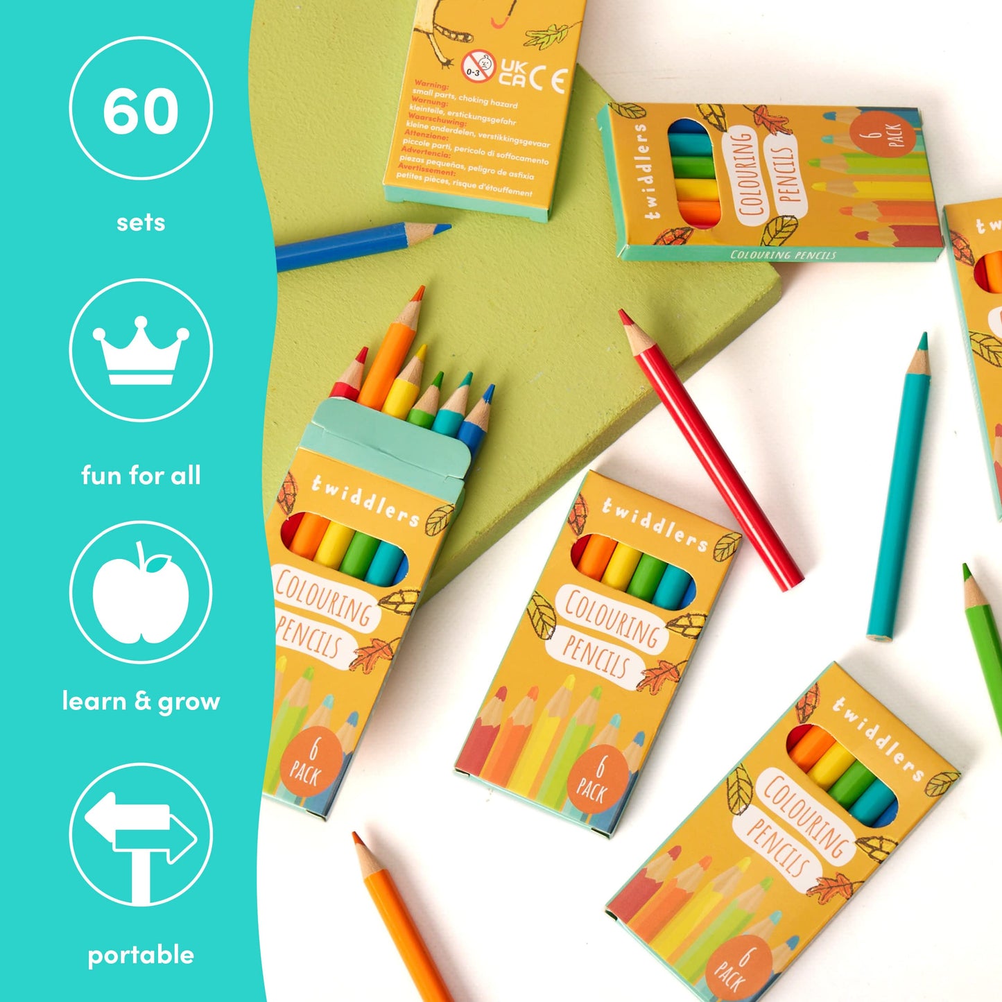 THE TWIDDLERS 60 Boxes of Mini Colouring Pencils - 6 Pencils Per Box, 360 Total - Easy Grip Round Barrel, 9cm Length, Multipack Party Bag Fillers for Kids Birthdays, Classroom Class Gifts