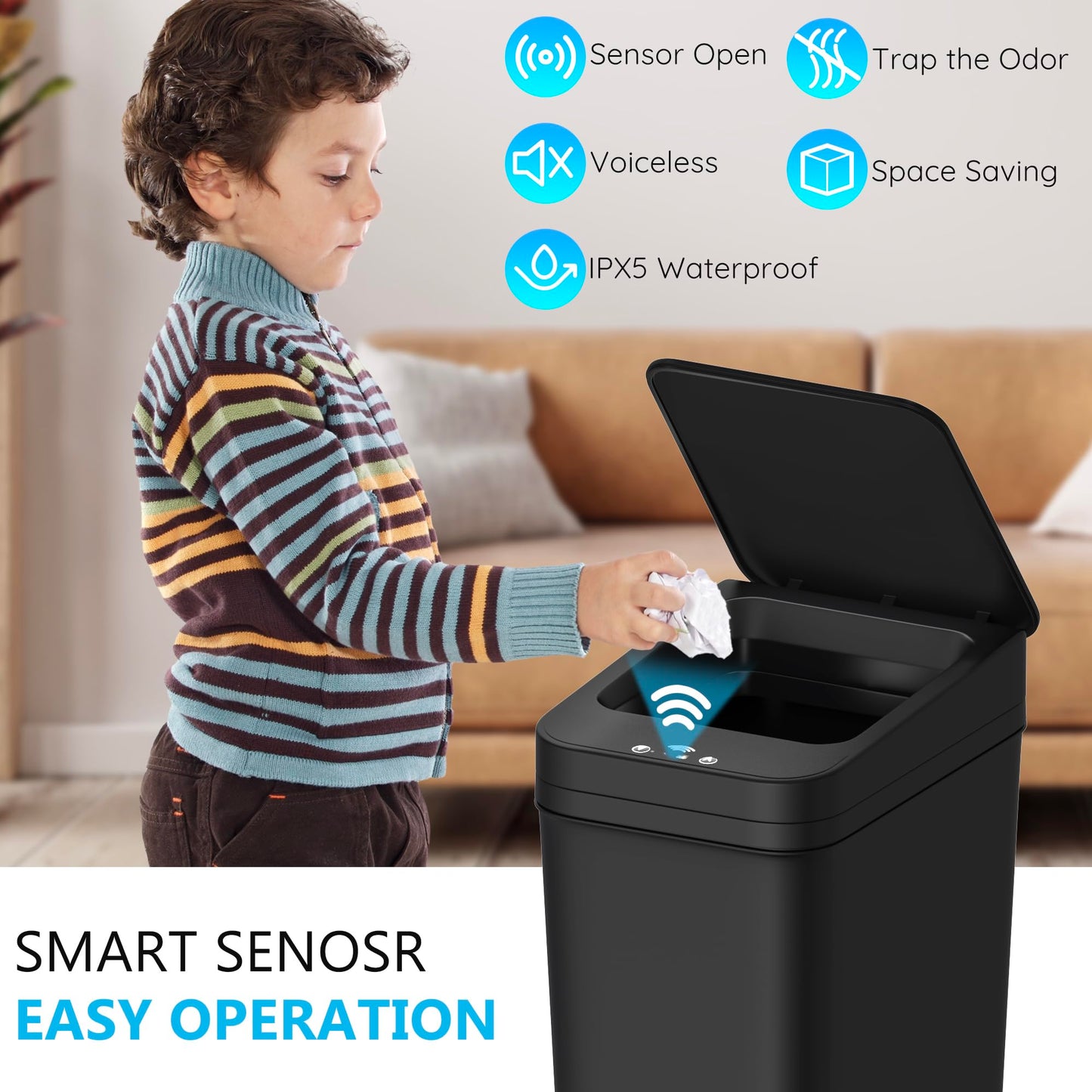 3 Pack Bathroom Trash Can with Lid Touchless Automatic Garbage Can, 2.6 Gallon Slim Waterproof Motion Sensor Smart Trash Can, Small Plastic Trash Bin for Bedroom, Office, Living Room-Black