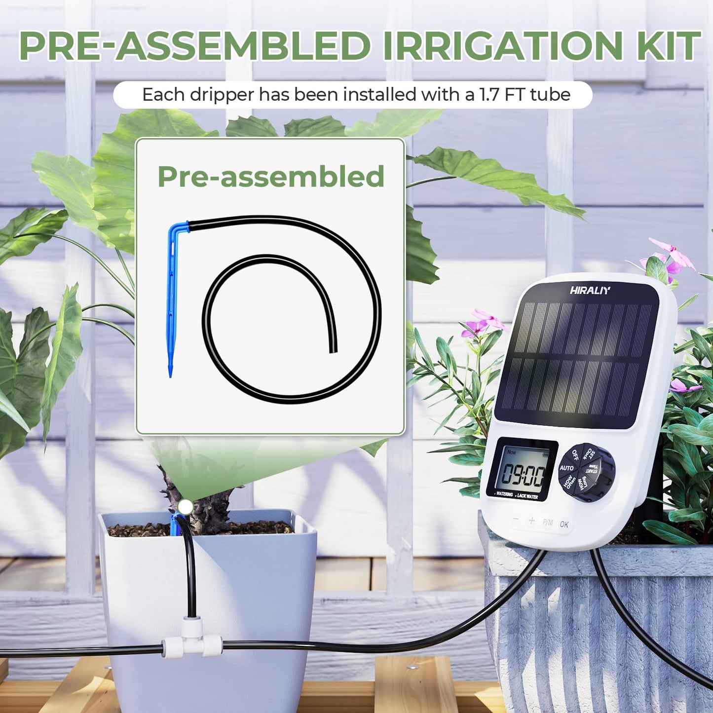 HIRALIY Solar Automatic Drip Irrigation Kit System with Drip Emitter Stake, Auto Easy DIY Watering Device Supported Pots Plants, 6 Modes Timer