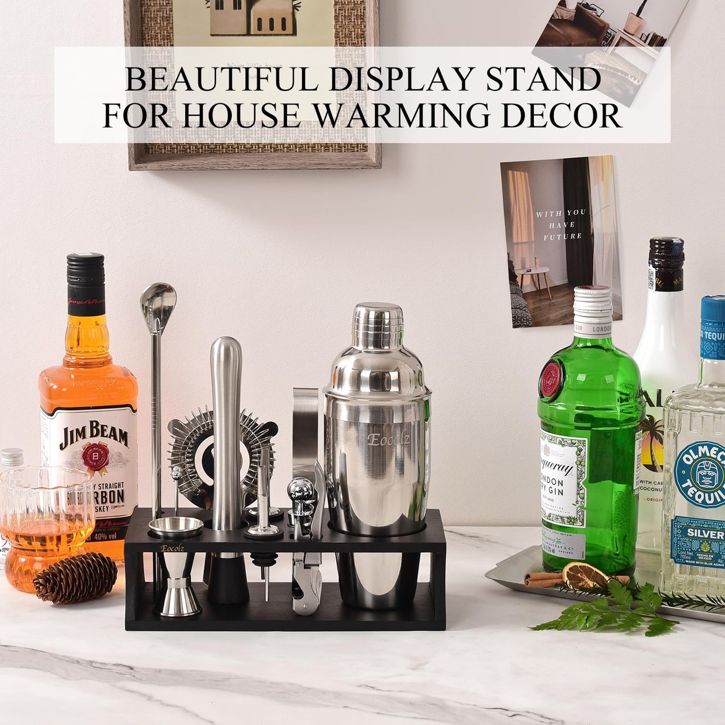 Bartender Kit with Stand Cocktail Shaker Set | 17 Piece Bar Tool Set, Bar Kit Cocktail Set for Drink Mixing - Includes Martini Shaker, Strainer, Jigger, Bar Mixer Spoon, Muddler, Tongs | Gift Idea