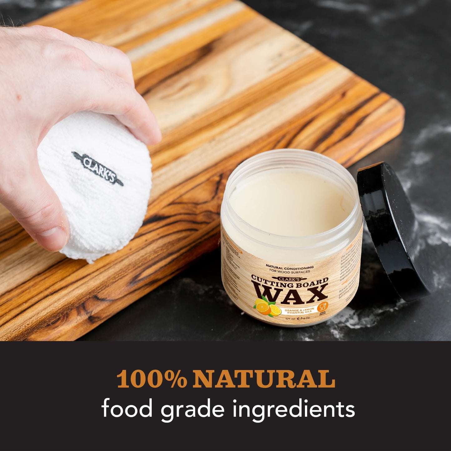 CLARK'S Cutting Board Finishing Kit - Includes Food Grade Mineral Oil (12 oz) - Cutting Board Wax (6oz) - Applicator and Buffing Pad - Orange-Lemon Scented - Butcher Block Oil Included