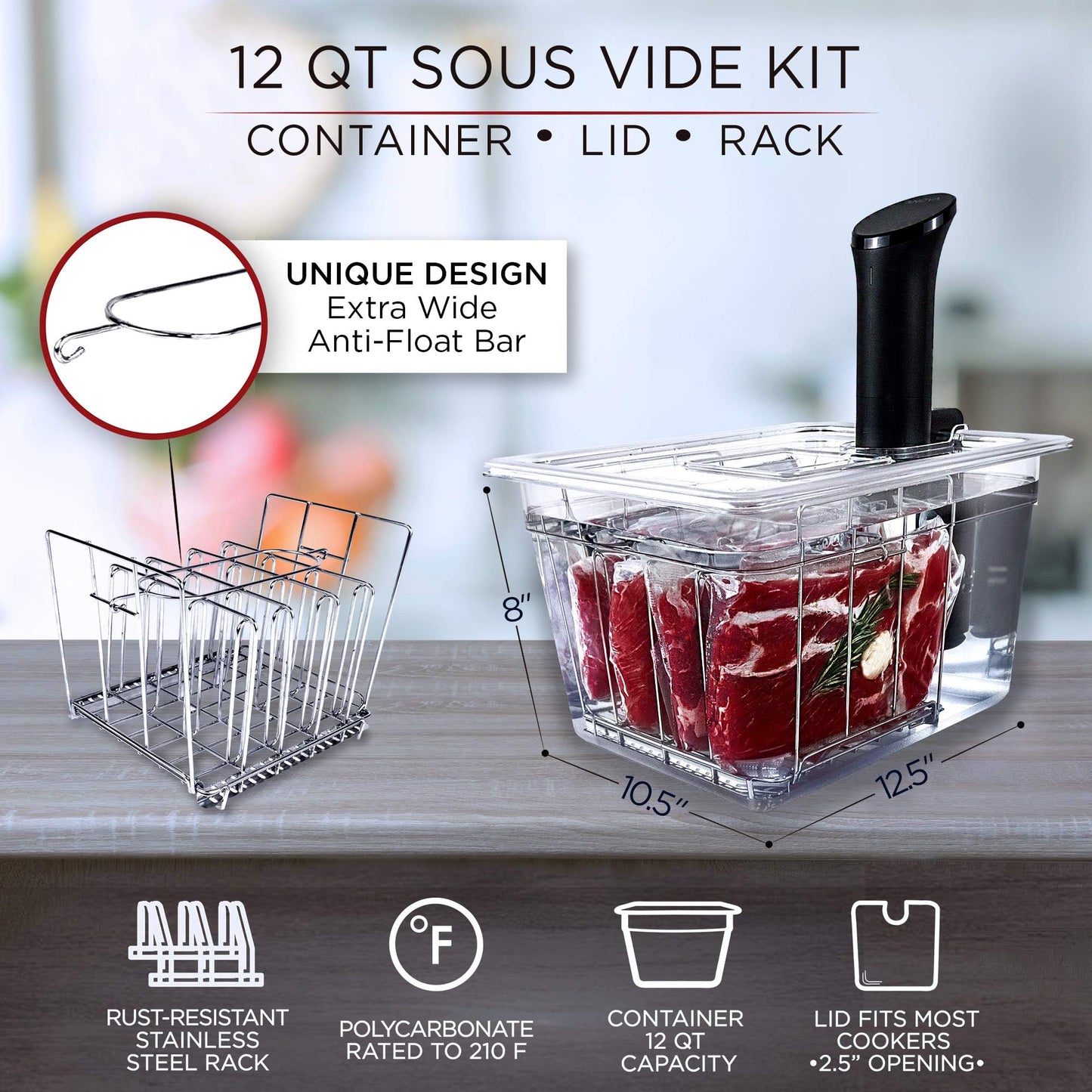 Sous Vide Container with Lid | Fits Most Sous Vide Cookers | Sous Vide Accessories (12 Quarts, Rack)