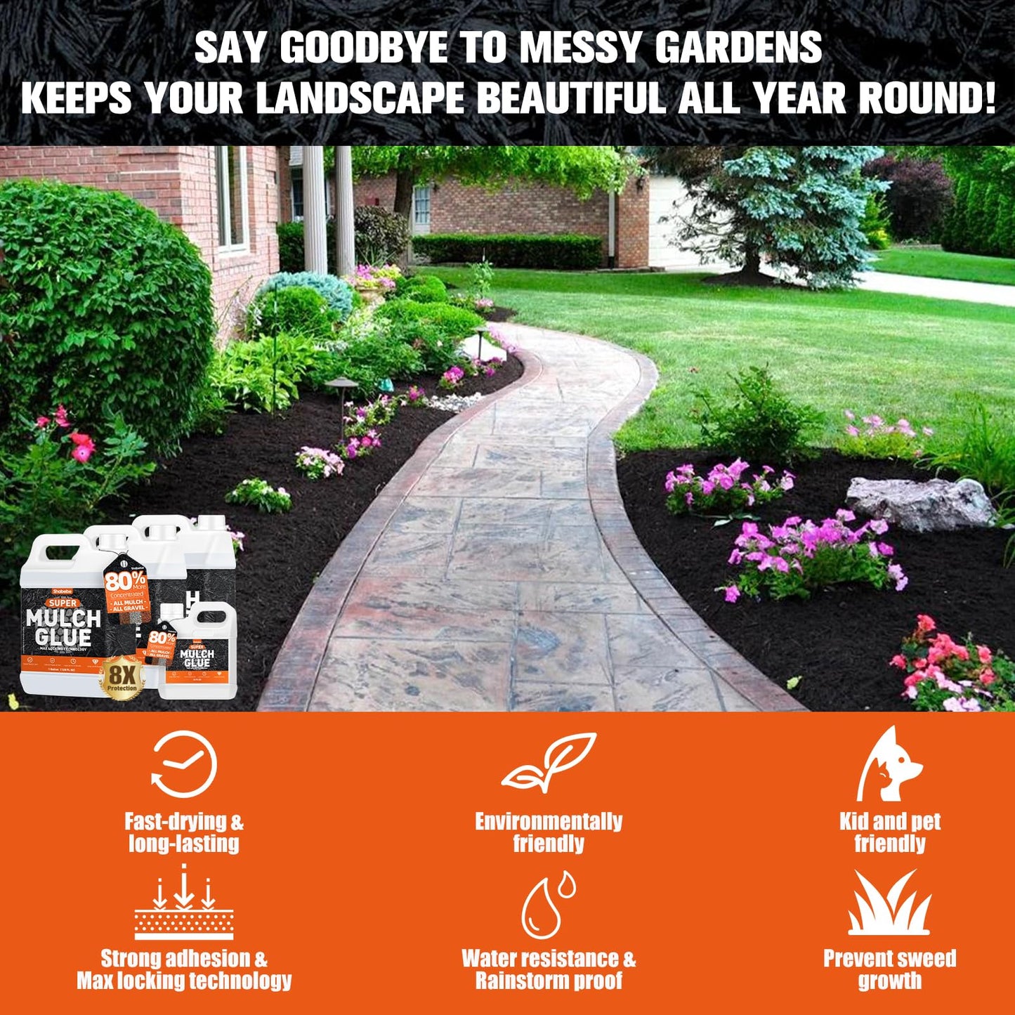Shabebe Mulch Glue for Landscaping, 80% Superior Hold 1 Gallon Rock Glue,2X Coverage vs Regular–Ideal for Mulch, Pine Straw, Stone–Fast-Drying, Non-Toxic,Dries Clear, Pea Gravel Stabilizer for Garden