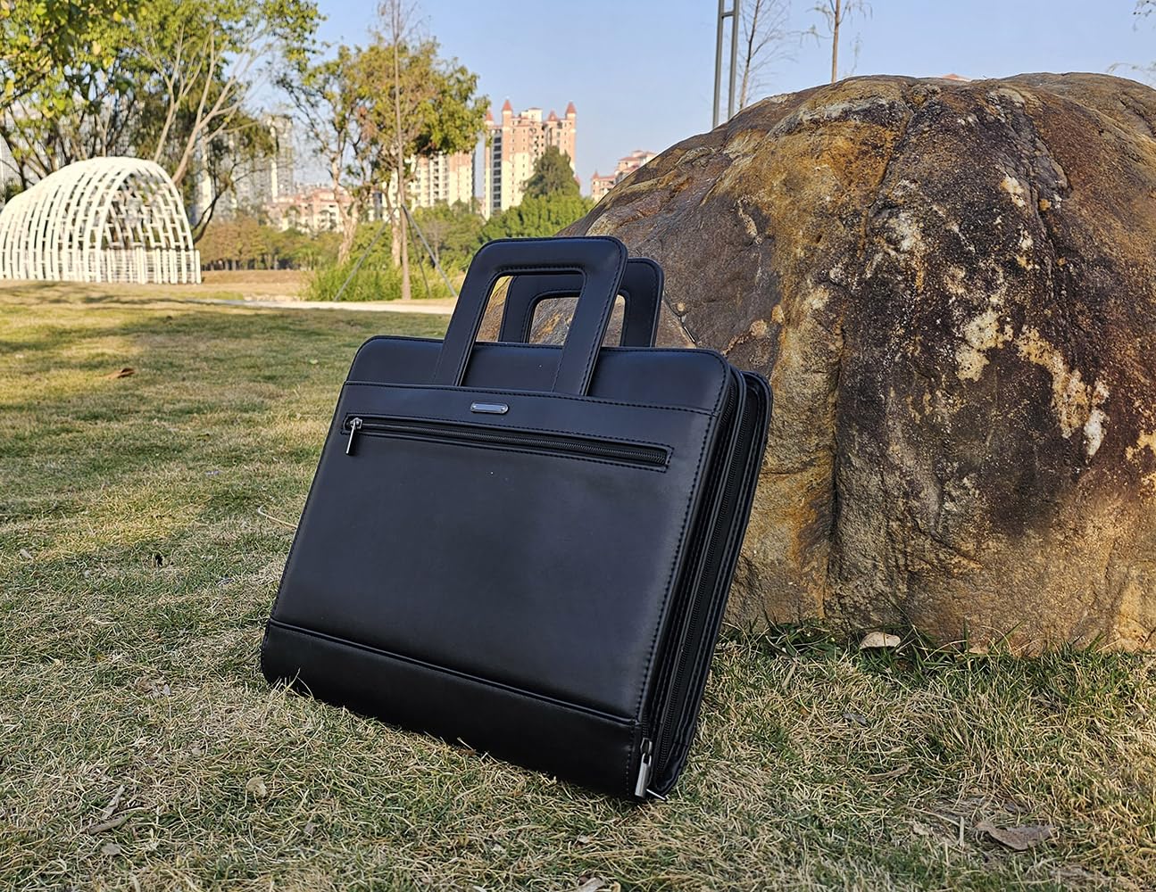 14" Laptop Briefcase, Vegan Leather Portfolio with Zipper Compartments x 2, A4 Papers Holder Padfolio Organizer, Black